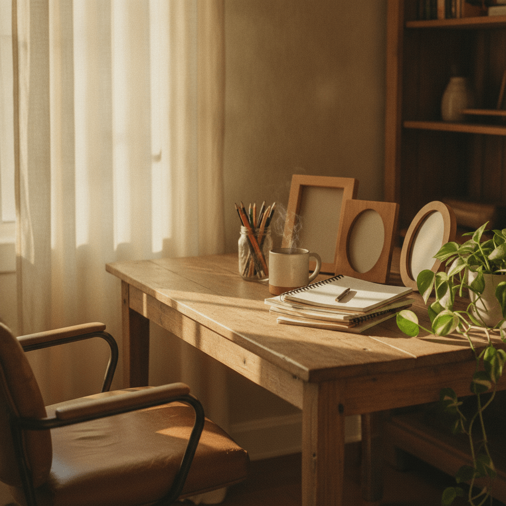 A sunlit farmhouse desk corner layered with coffee mugs, worn notebooks, and small framed pieces that feel like working funny quotes brought to life in a cozy Southern home office.
