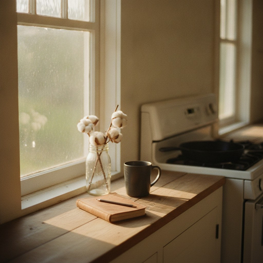 A farmhouse kitchen windowsill at golden hour holding a plain dark ceramic mug beside a worn leather notebook, evoking the quiet wit of workplace sarcasm culture.