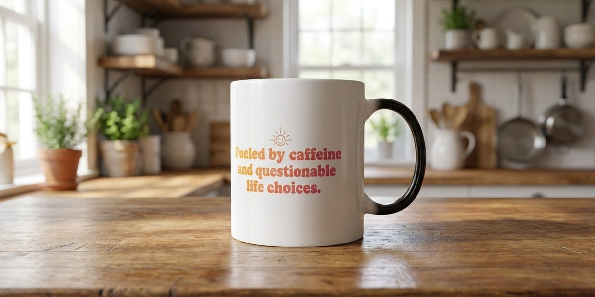Fueled By Caffeine And Questionable Life Choices heat-reveal magic mug on a kitchen counter - Bluegrass Gifts funny and sarcastic magic mugs