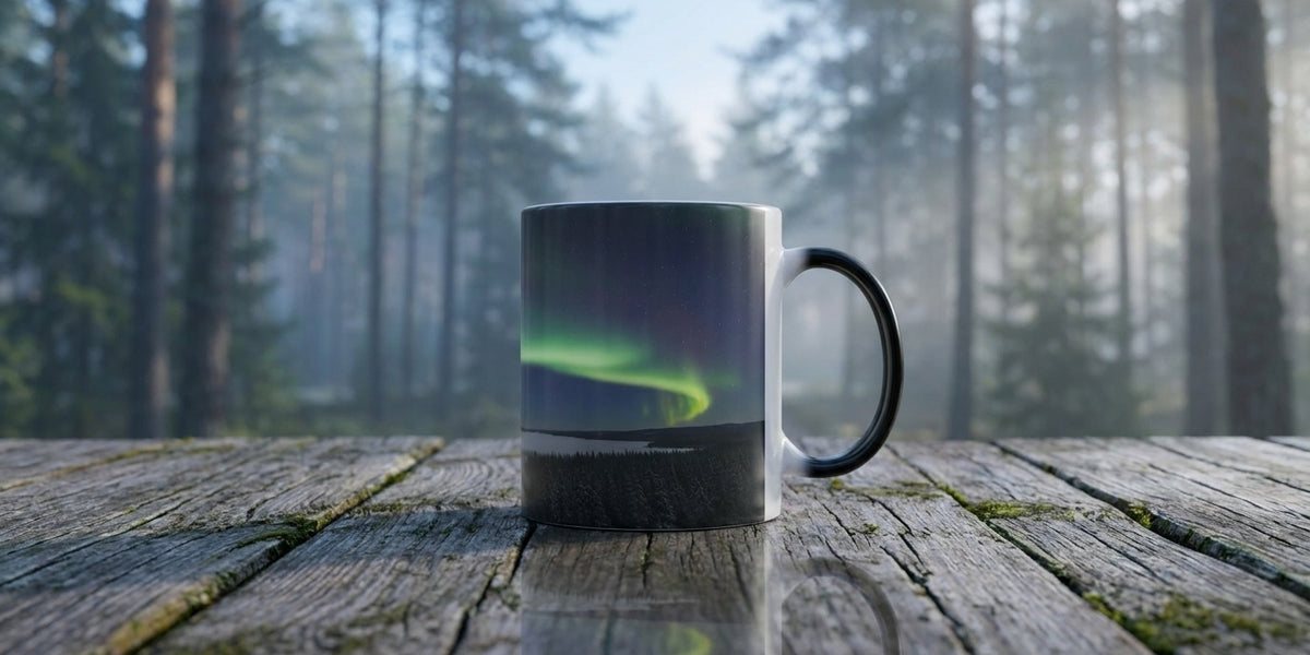 Aurora Dreams northern lights heat-reveal magic mug on a wood table outdoors - Bluegrass Gifts nature and wildlife magic mugs