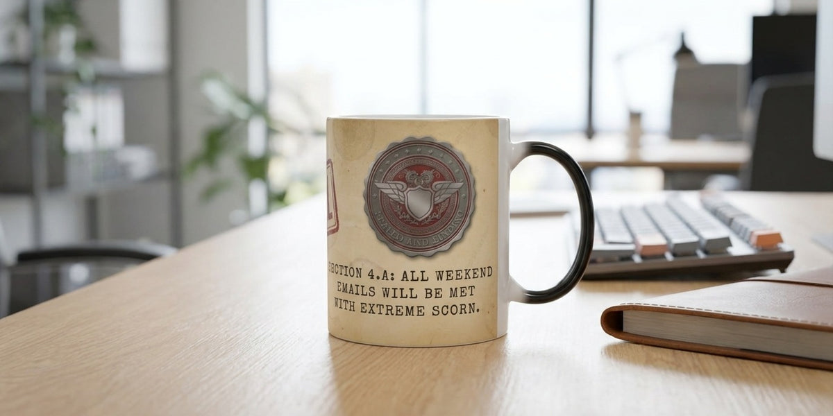 Confidential Section 4.A weekend email heat-reveal magic mug on an office desk - Bluegrass Gifts office and coworker magic mugs