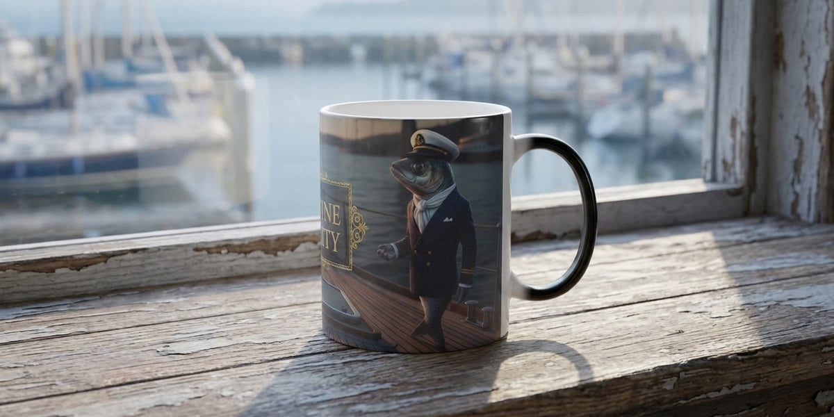The Sardine Society nautical heat-reveal magic mug on a windowsill - Bluegrass Gifts themed magic mugs