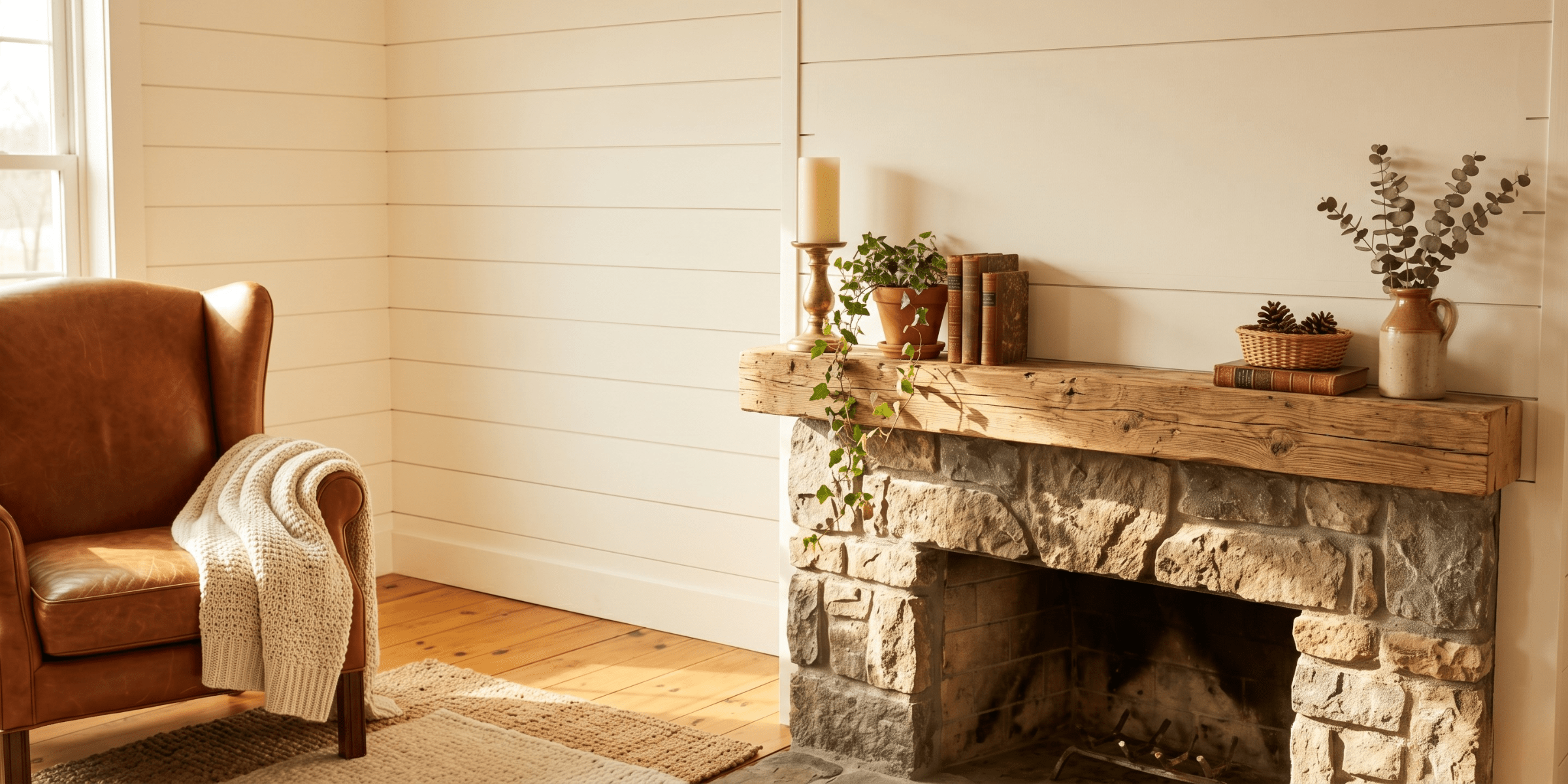 Warm farmhouse family room with stone fireplace, reclaimed wood mantel, and empty shiplap wall — shop Bluegrass Gifts Family Signs collection