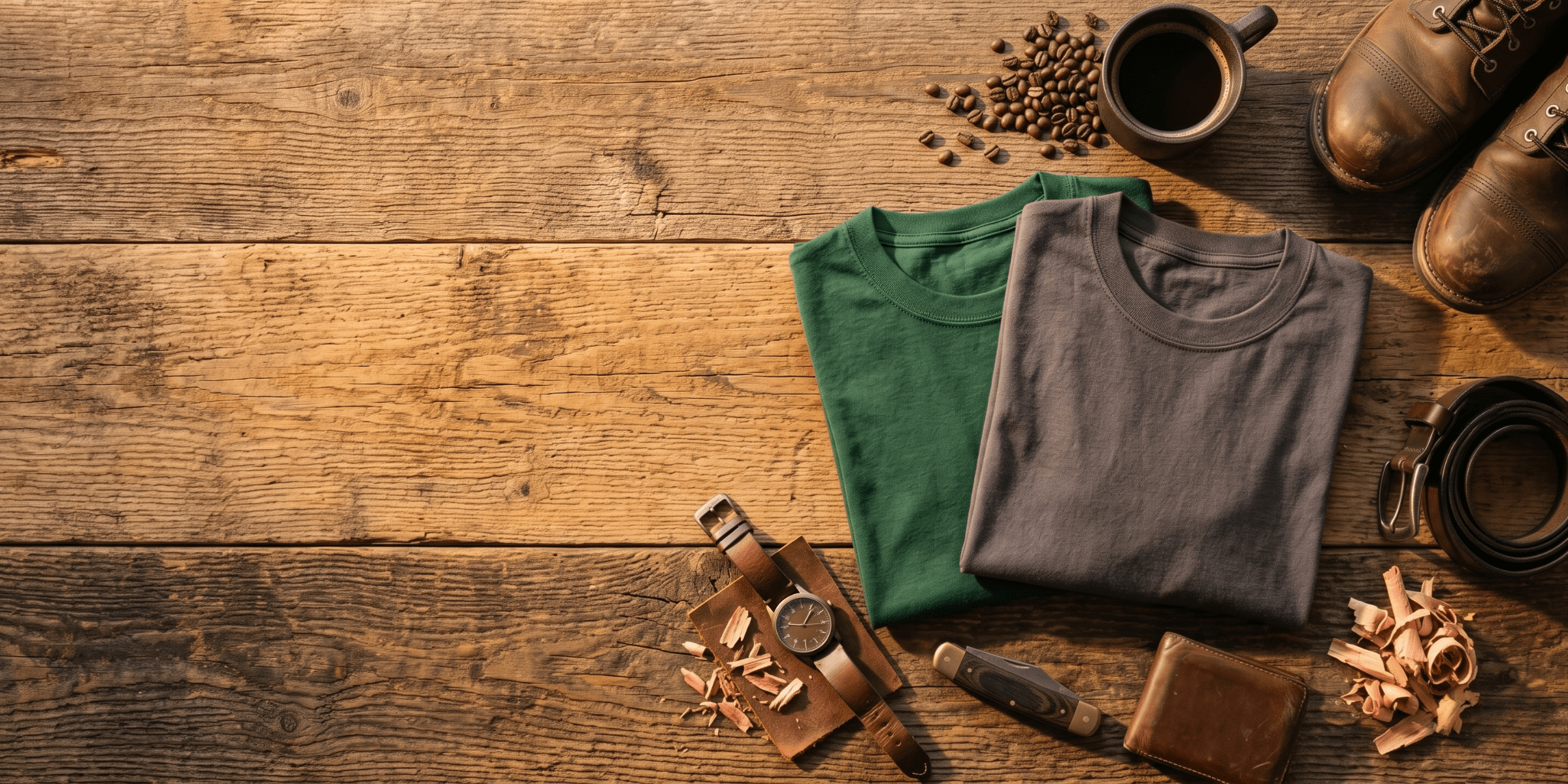 Five Bluegrass Roots men's tees on a wooden table featuring hand-illustrated alligator, Blue Heeler, fish, duck, and oak tree designs.