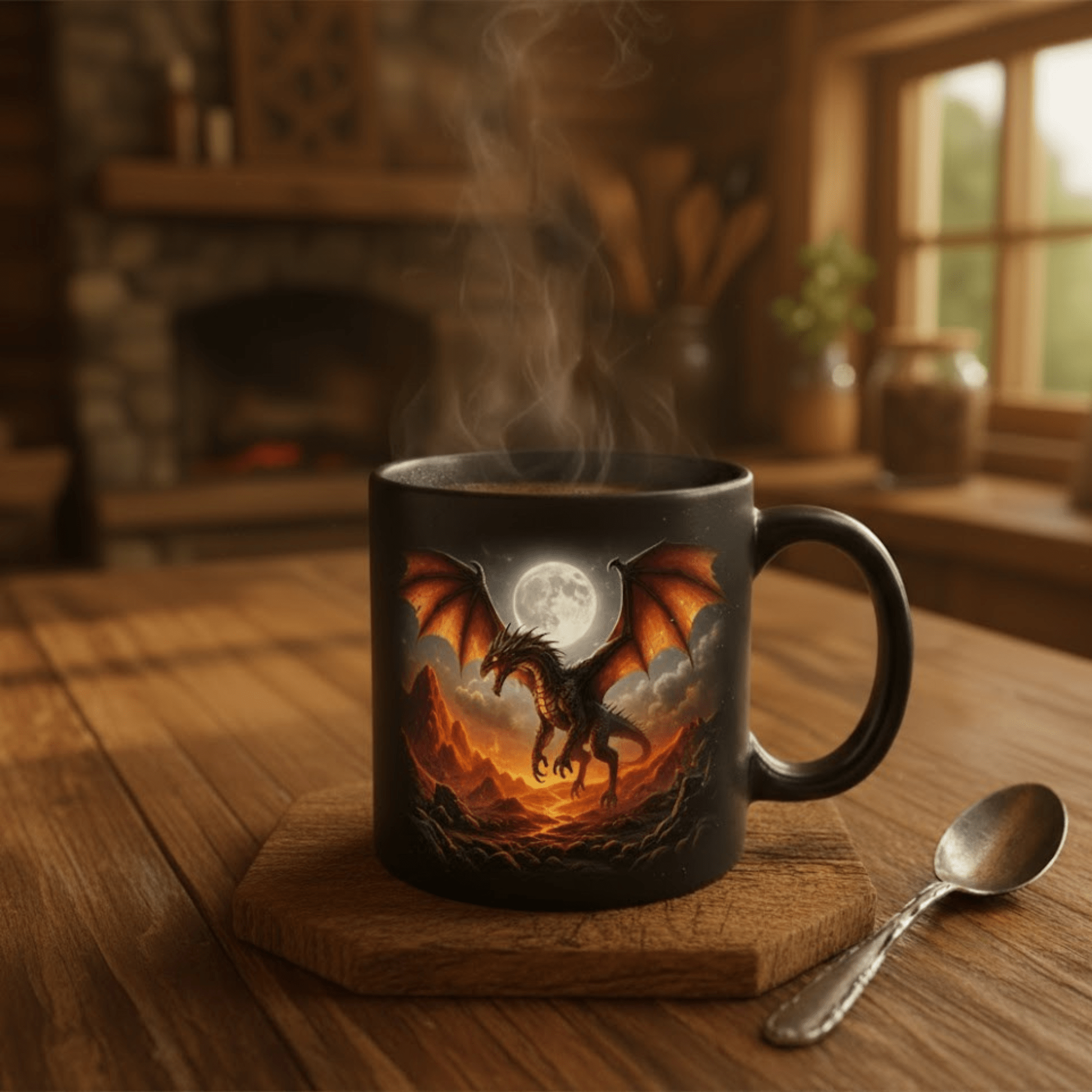 Themed Magic Mug with dragon artwork revealing under heat on rustic wood table – Bluegrass Gifts