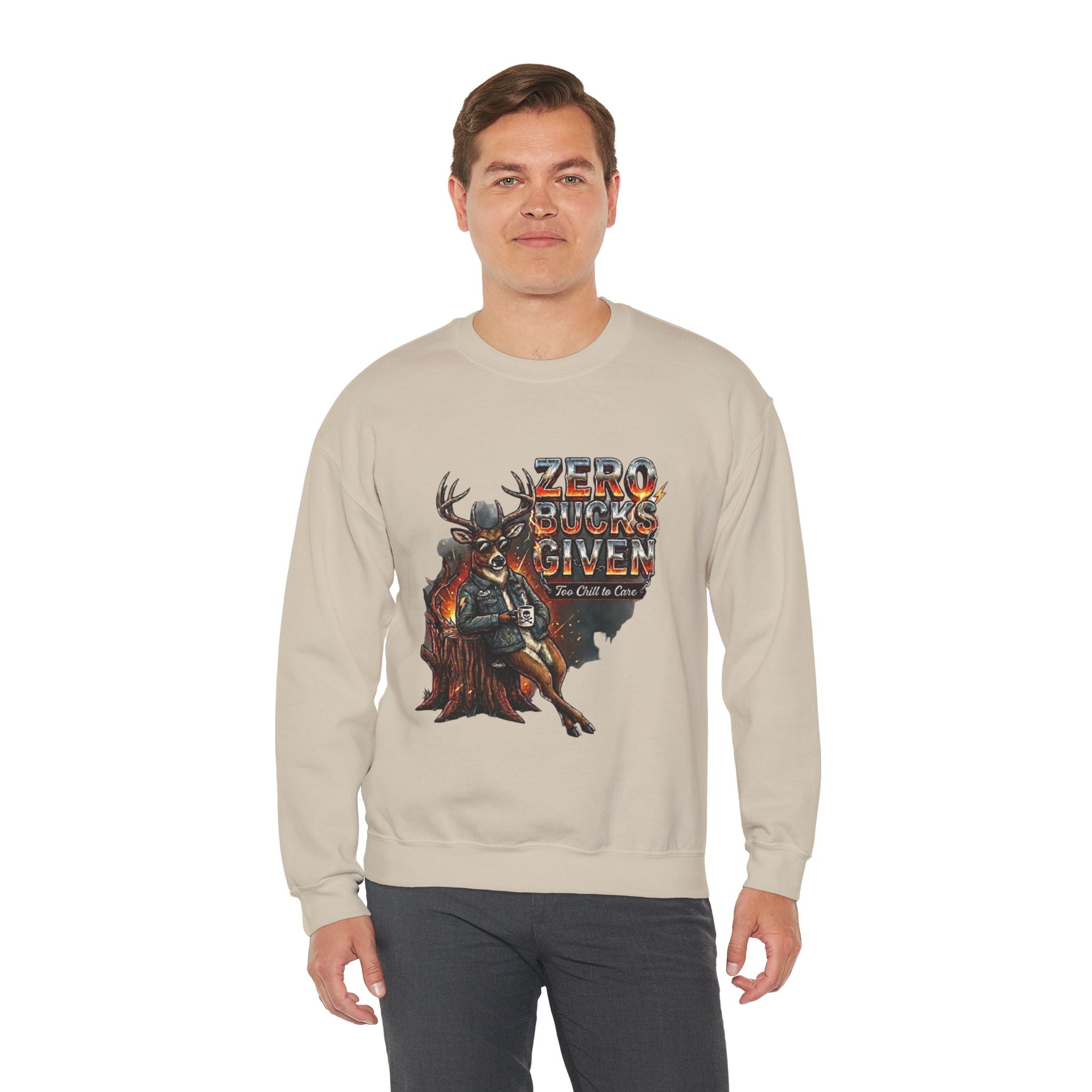 Man wearing a beige sweatshirt with a graphic design and text on a white background