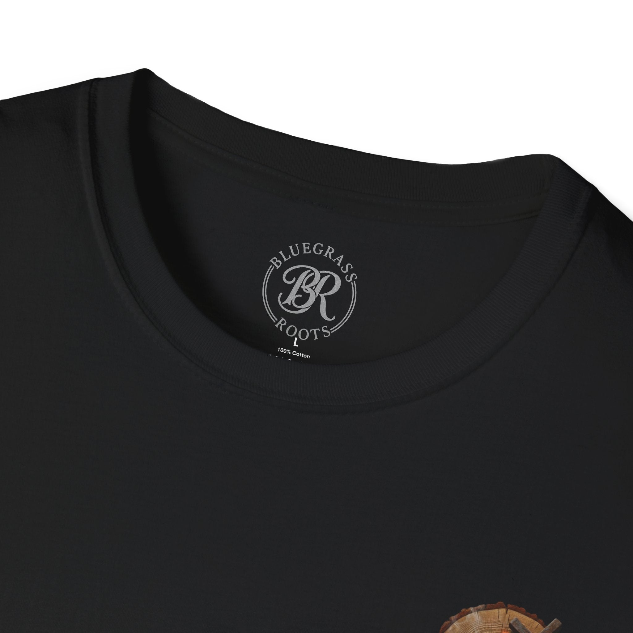 Close-up of a brown t-shirt with 'Bluegrass Roots' logo on a white background