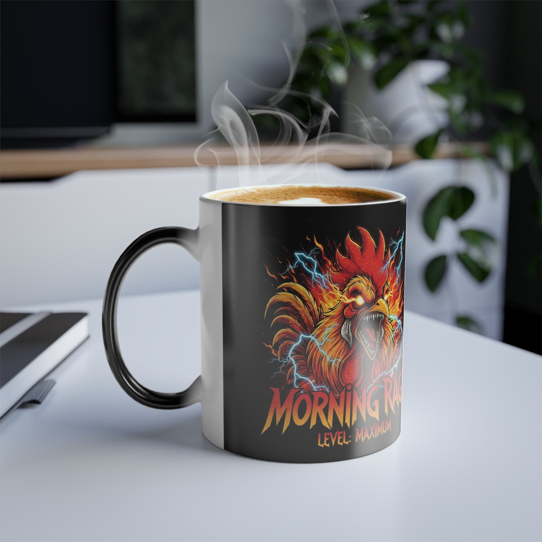 Mug with a rooster design and 'Morning Roost' text on a desk with steam rising from it.
