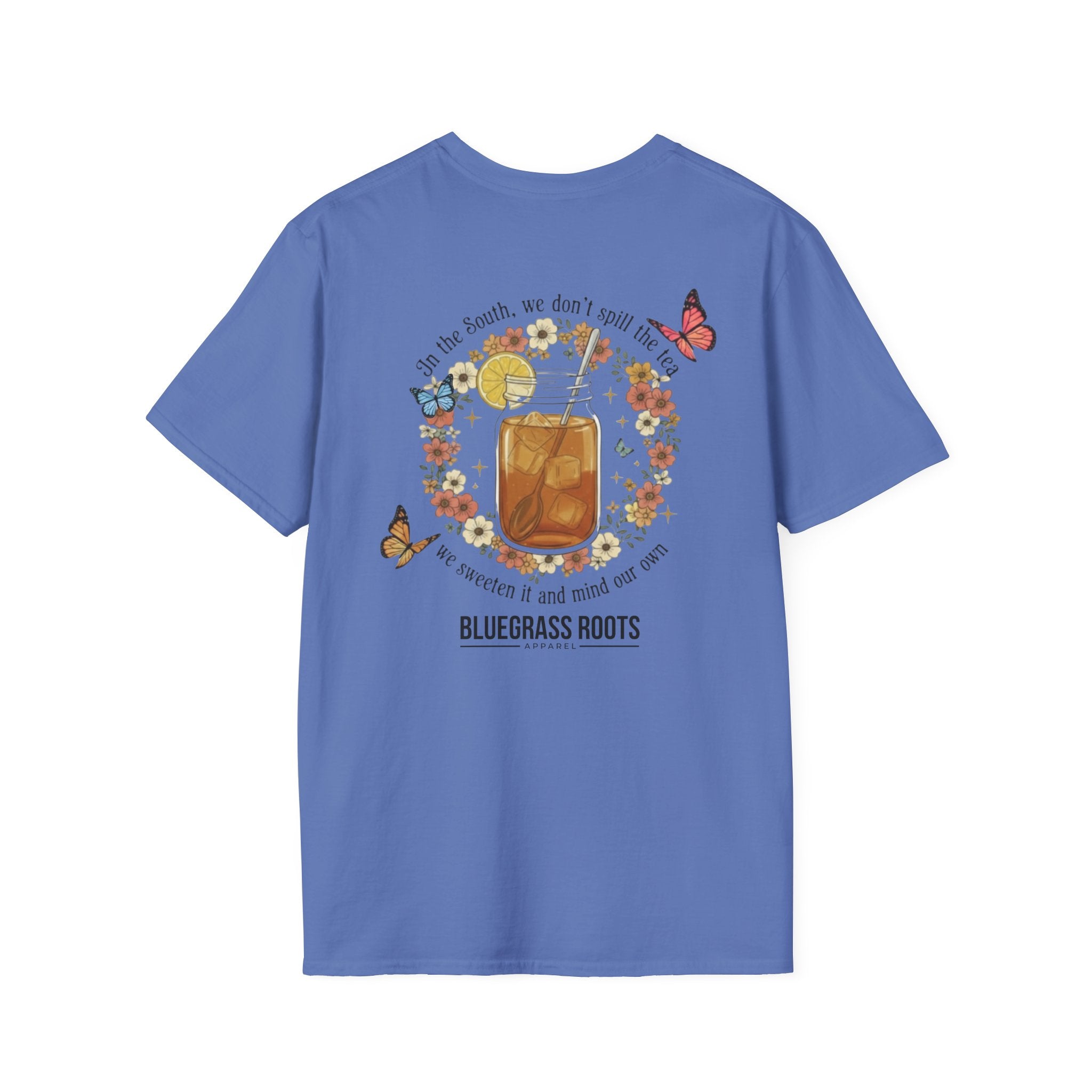 Blue t-shirt with a graphic design on the back featuring a glass of iced tea, flowers, and butterflies, with 'Bluegrass Roots' text.