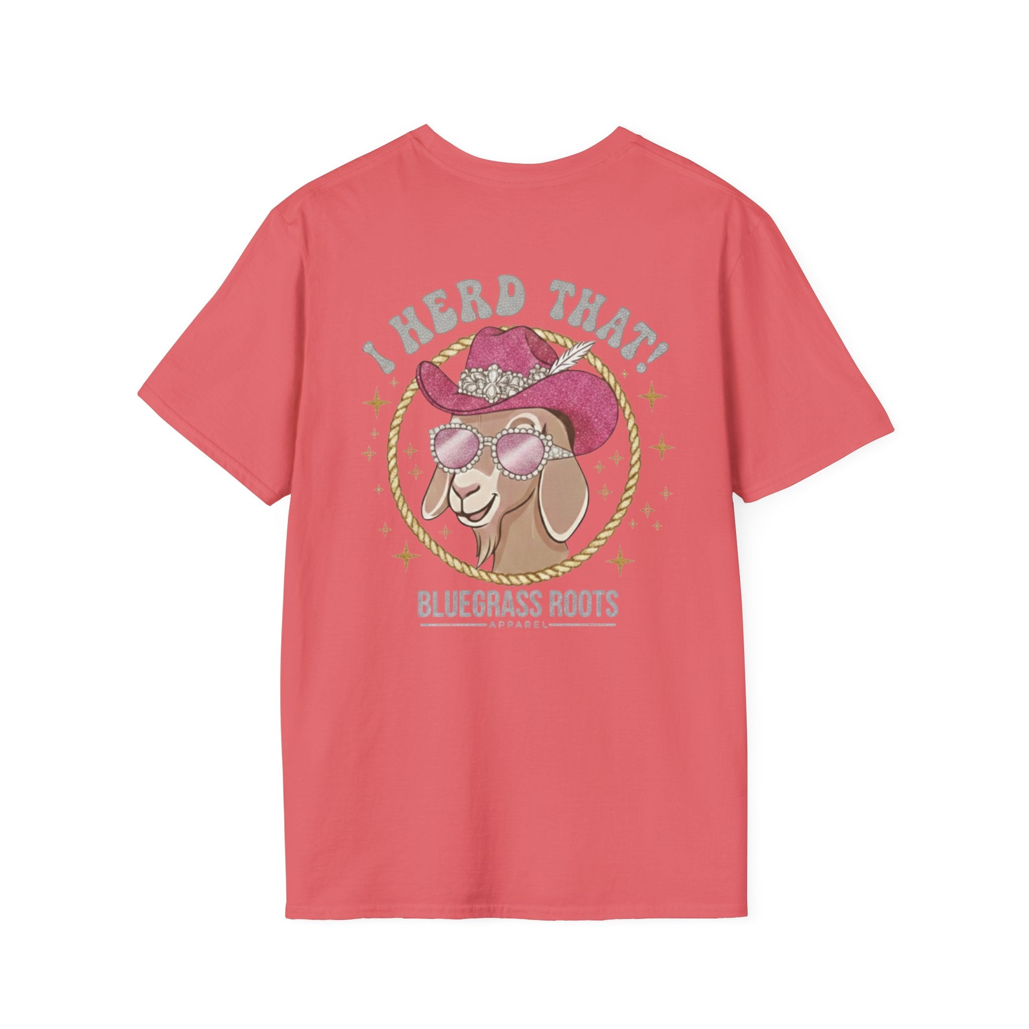 Pink t-shirt with a goat graphic and text on a white background