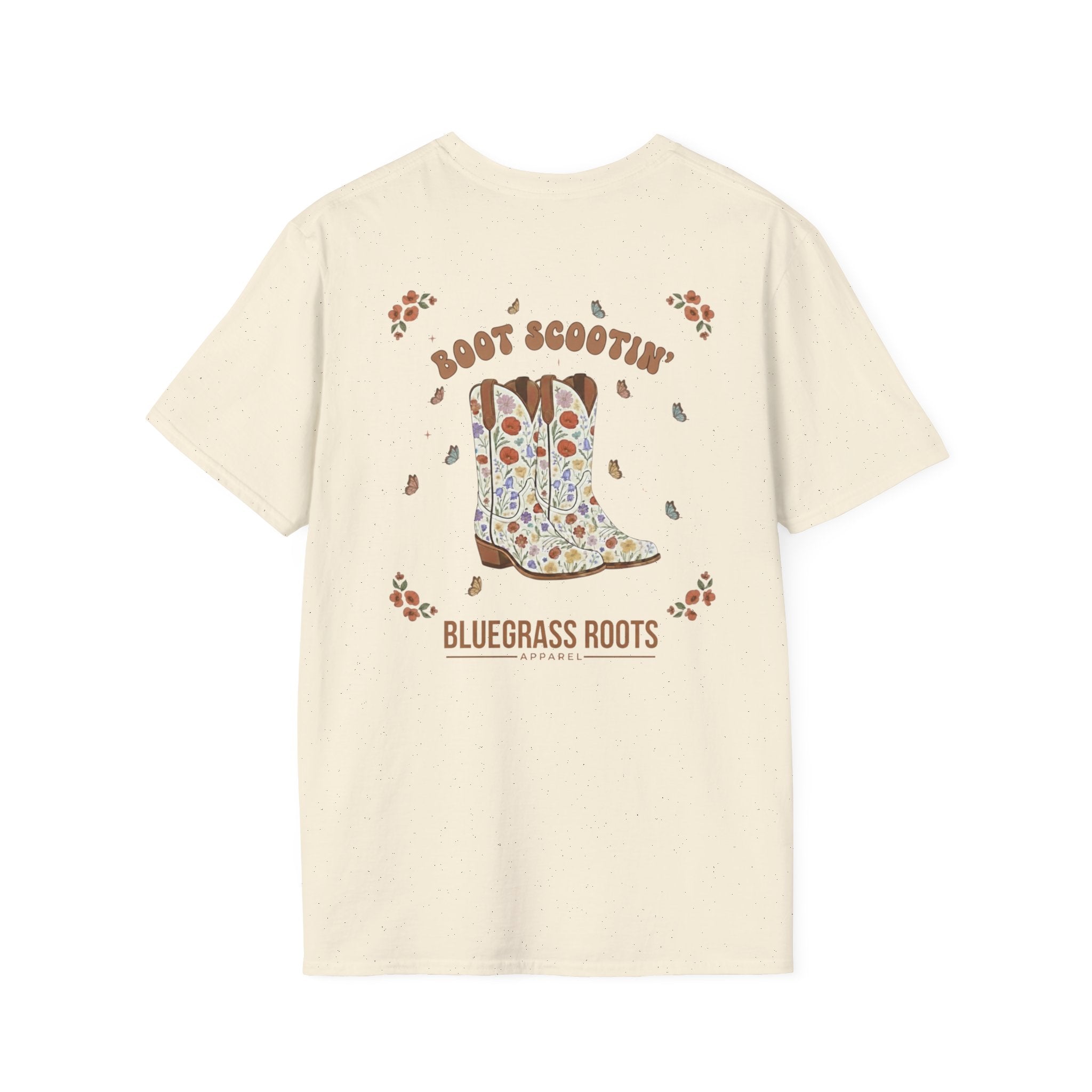 Beige t-shirt with cowboy boot graphic and text on a white background