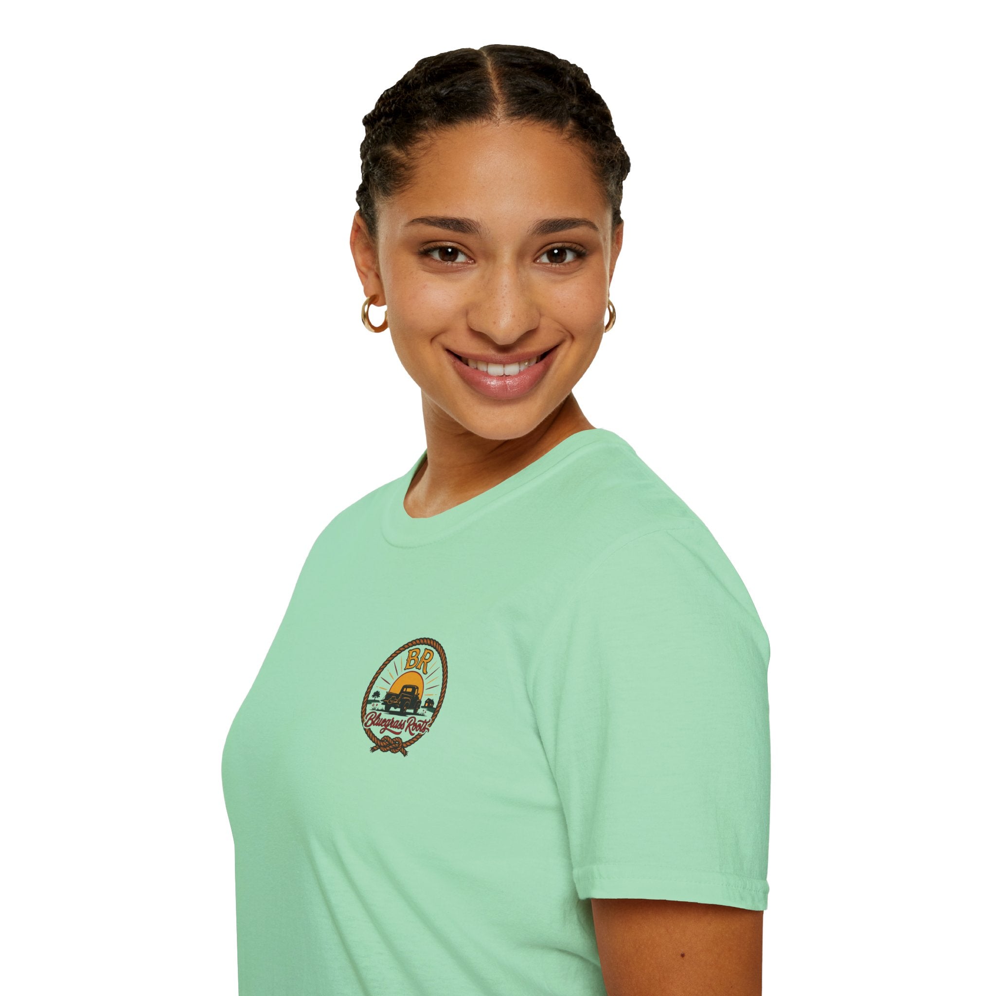 Woman modeling the Bluegrass Roots Raised Right Ran Wild Came Home sunset tailgate tee, front view