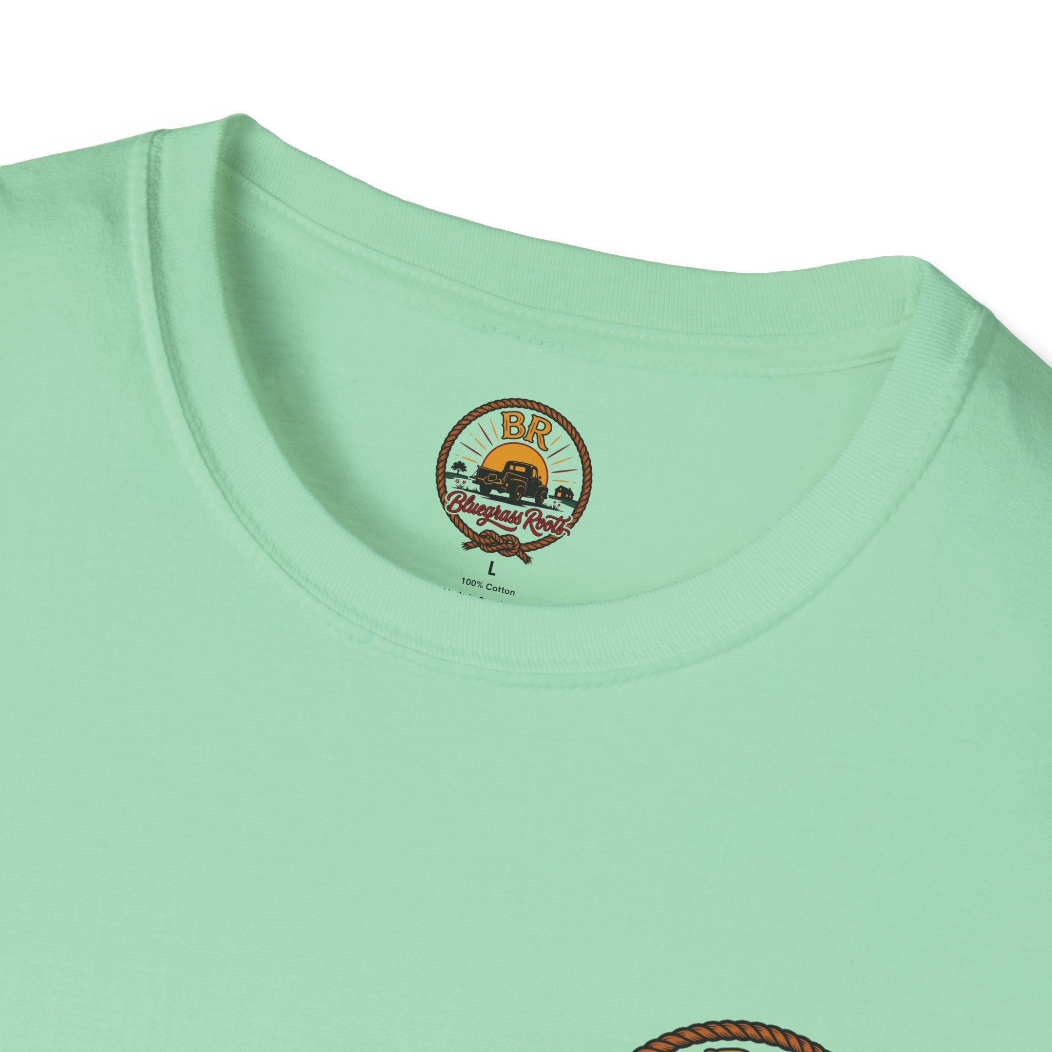 Bluegrass Roots Raised Right Ran Wild Came Home tee folded flat showing front BR lasso crest
