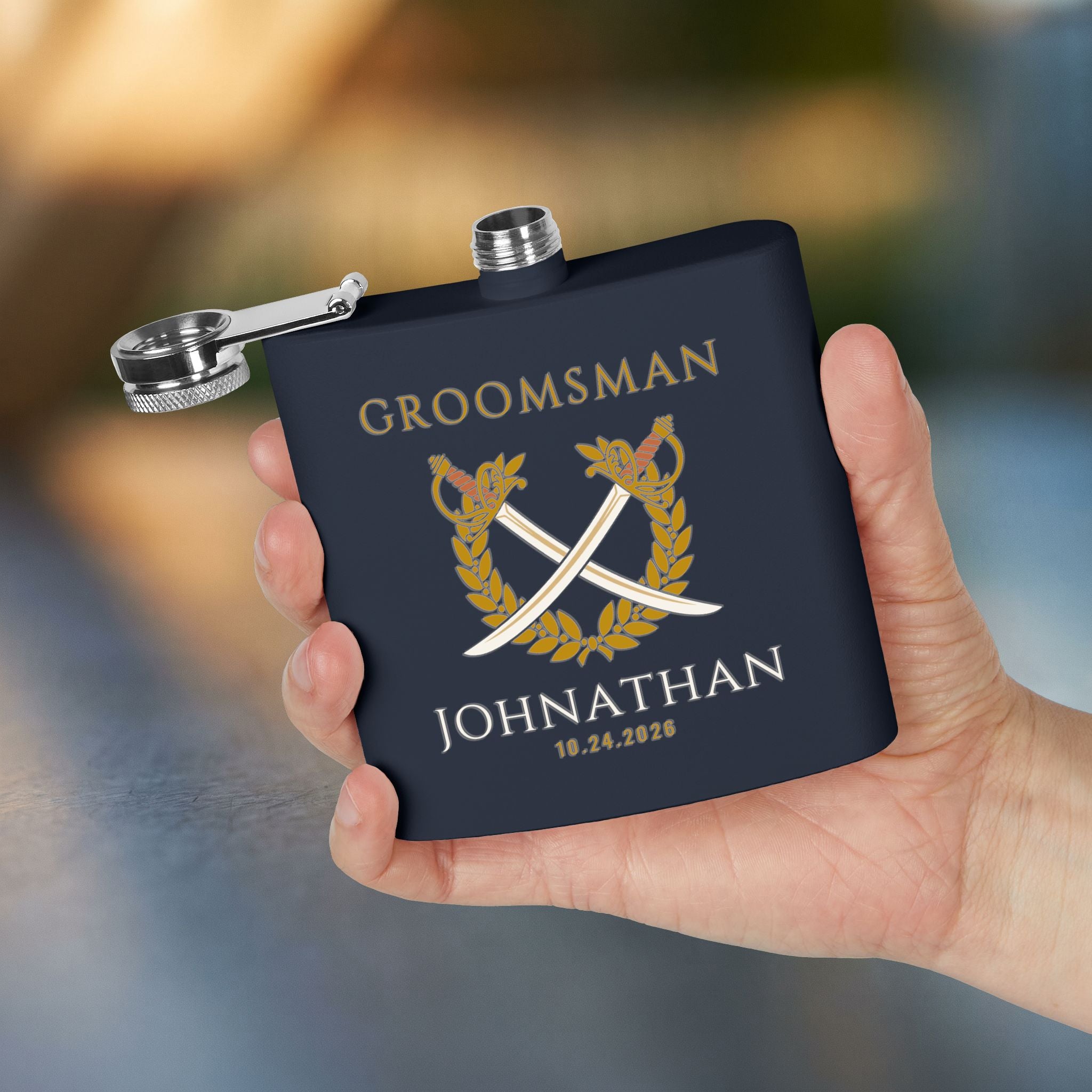 Crossed Sabers Groomsman Flask — Personalized 6oz Whiskey Flask