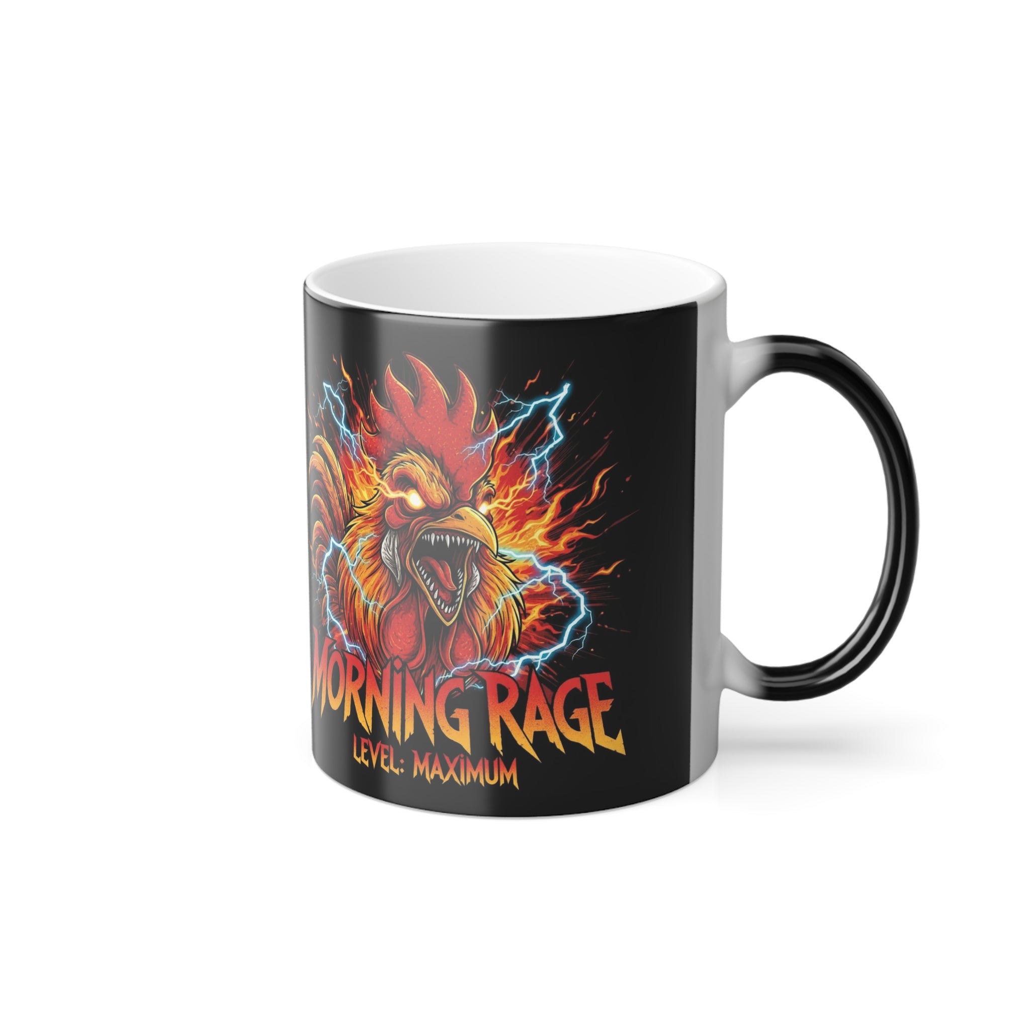 Black mug with a rooster graphic and 'Morning Rage Level: Maximum' text on a white background