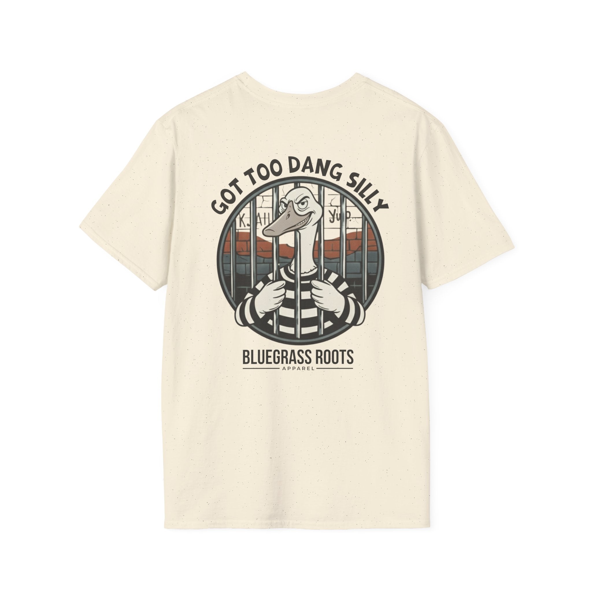 Beige t-shirt with a graphic design of a duck and text on a white background