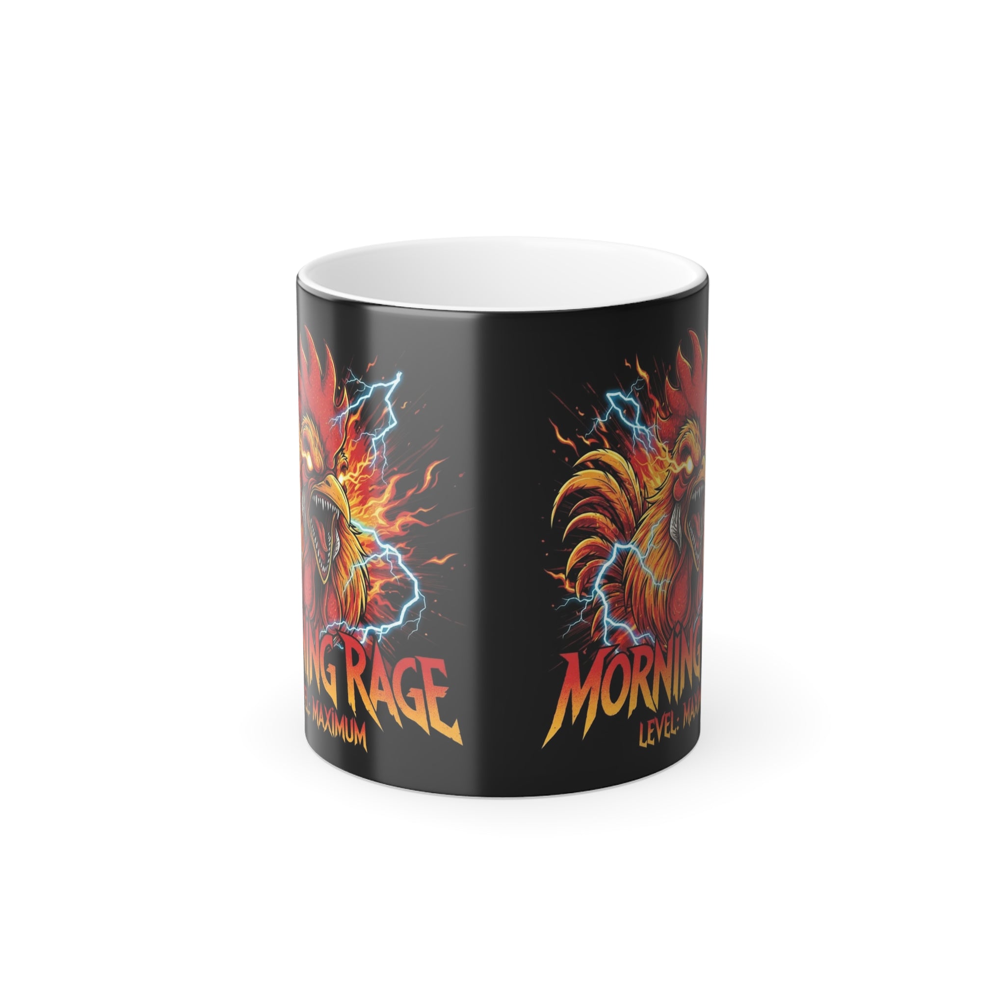 Black mug with fiery dragon design and text on a white background