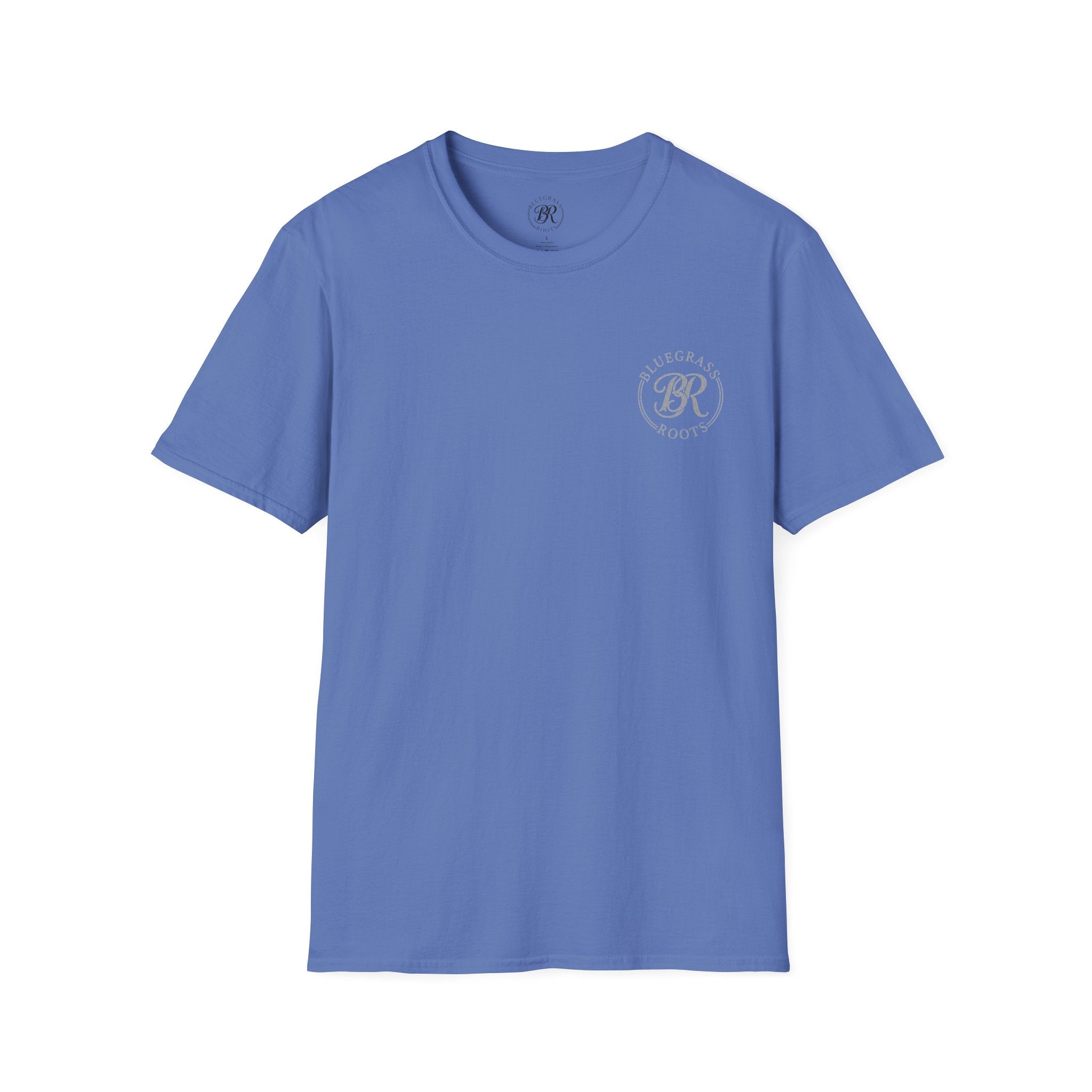 Blue t-shirt with a logo on the chest against a white background