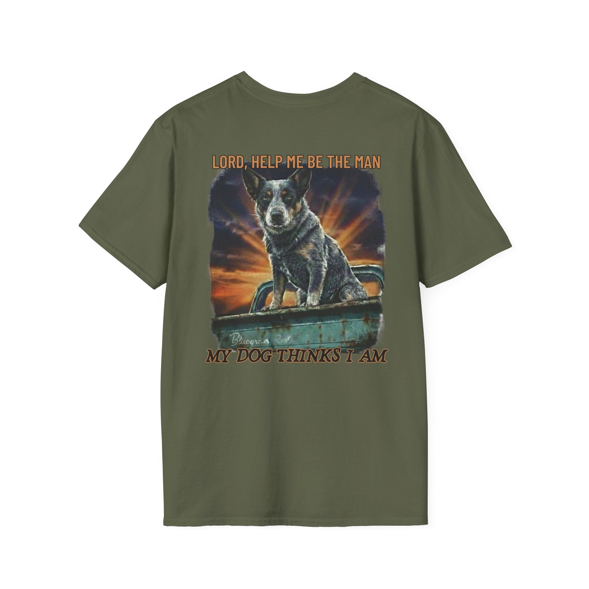 Green t-shirt with a graphic of a dog and text on a white background