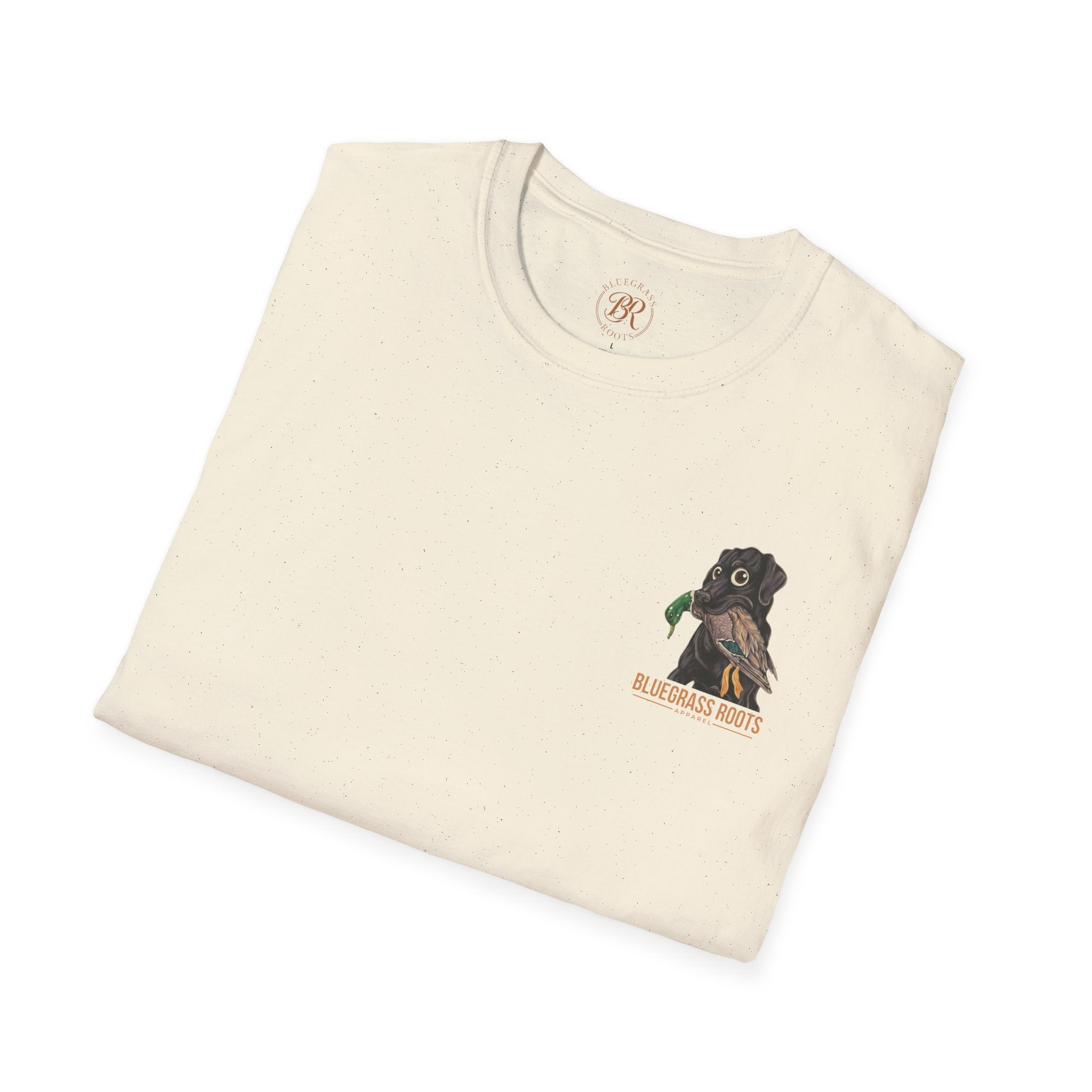Folded beige t-shirt with a graphic of a dog and text on a white background