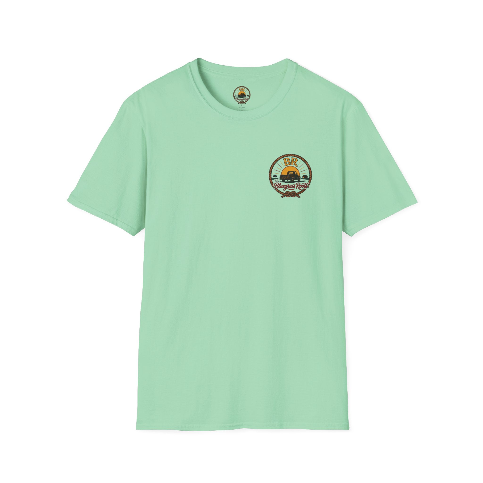 Bluegrass Roots Raised Right Ran Wild Came Home tee folded flat showing Front graphic