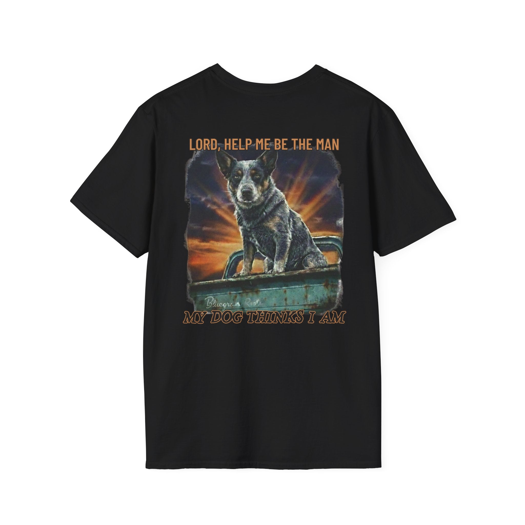 Black t-shirt with a graphic of a dog and text on a white background
