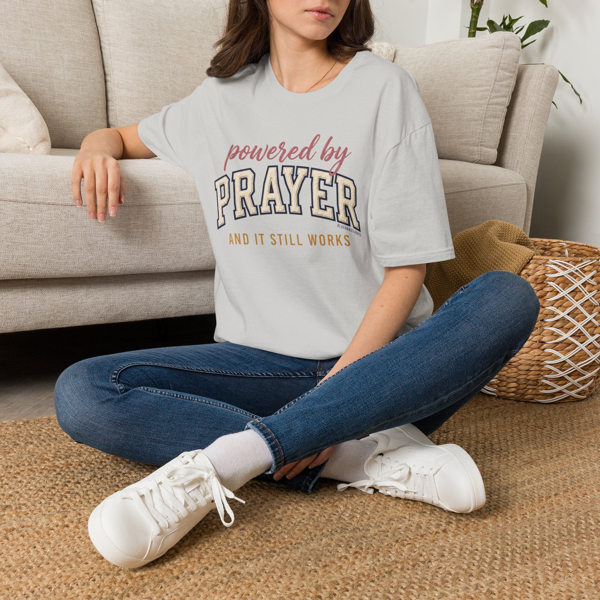 Powered by Prayer varsity shirt