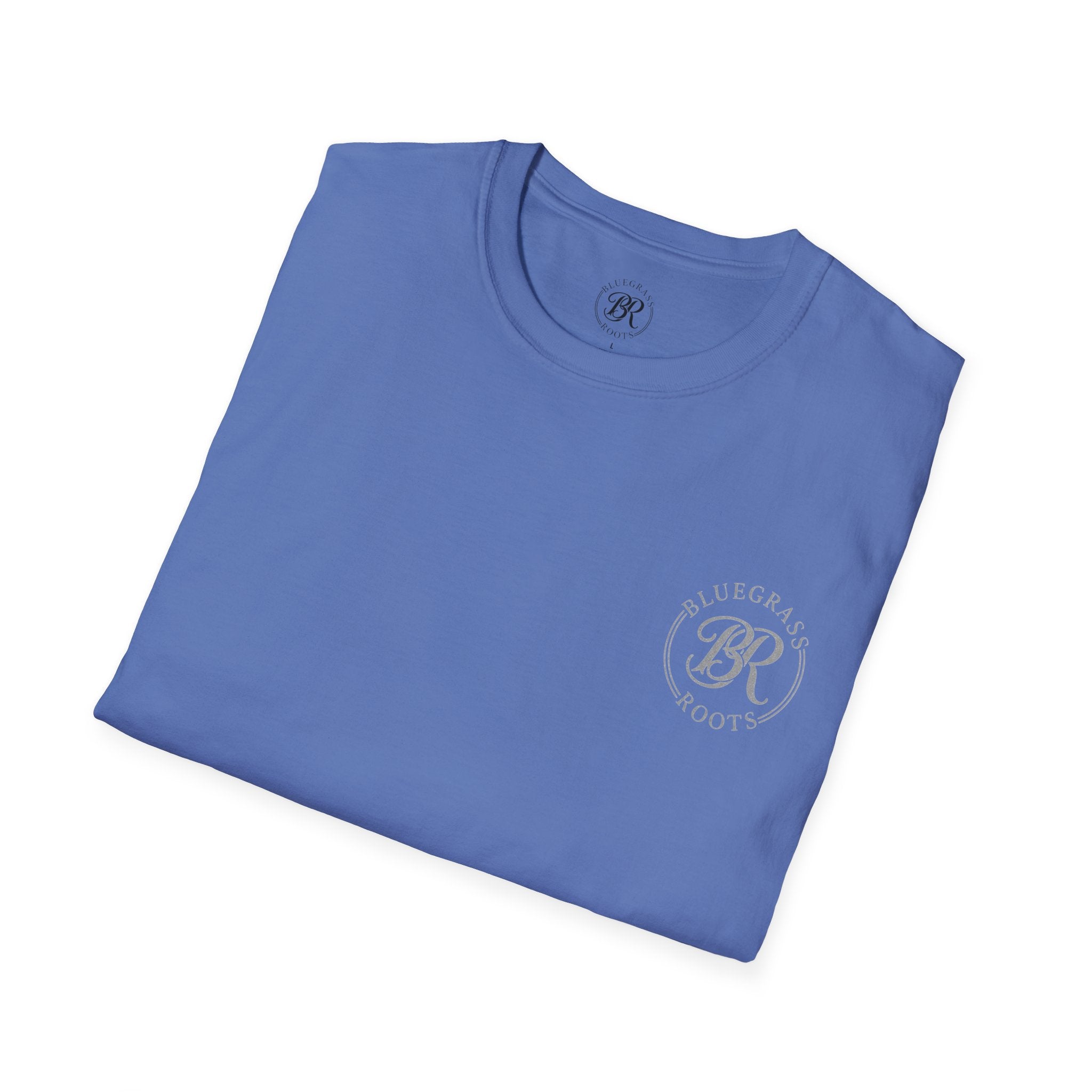 Folded blue t-shirt with a logo on a white background
