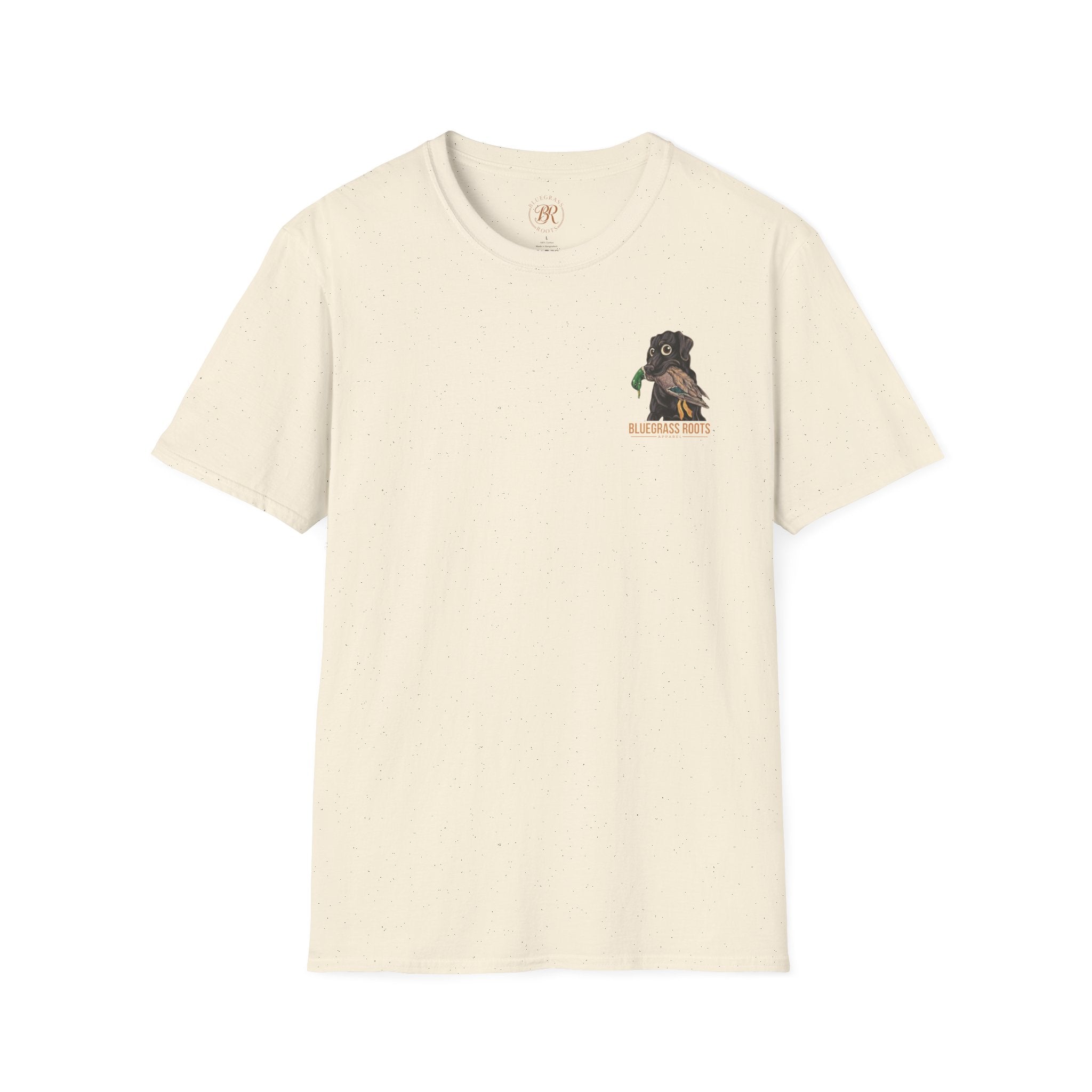 Beige t-shirt with a small graphic on the chest against a white background