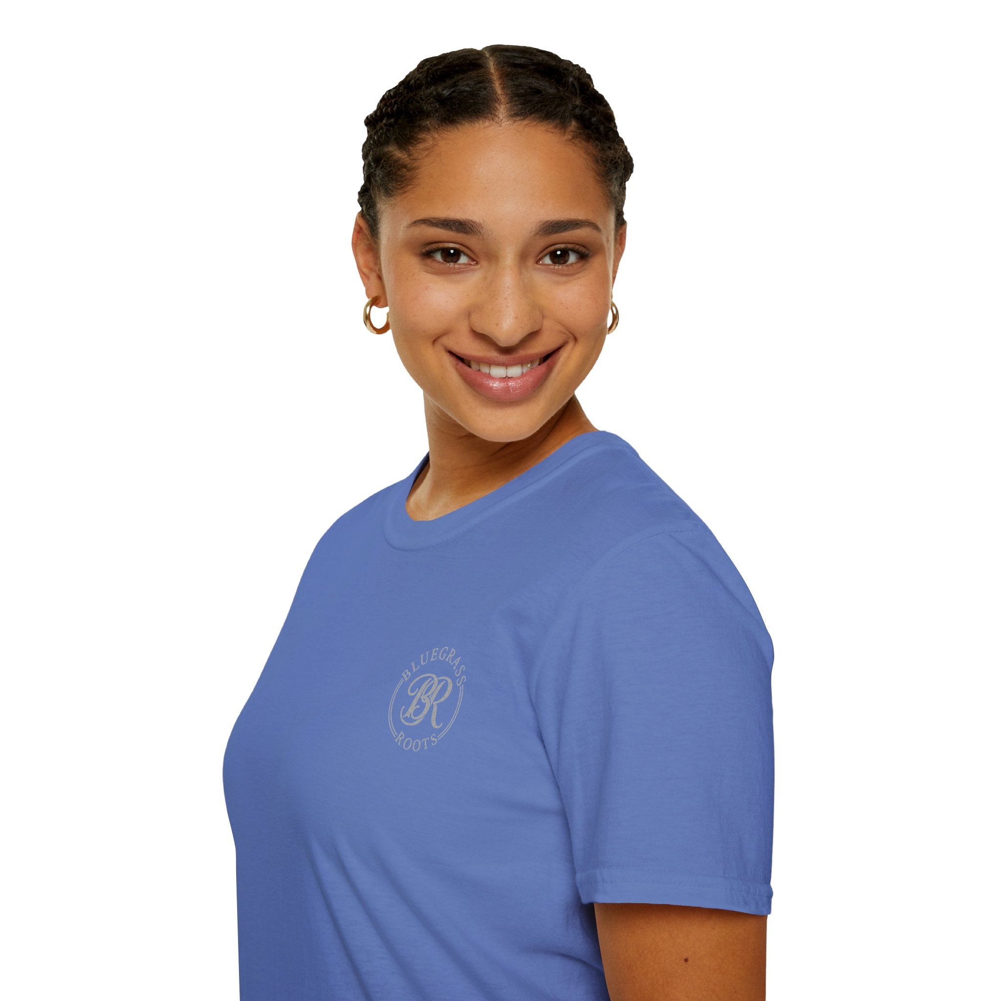 Woman wearing a blue t-shirt with a logo on a white background