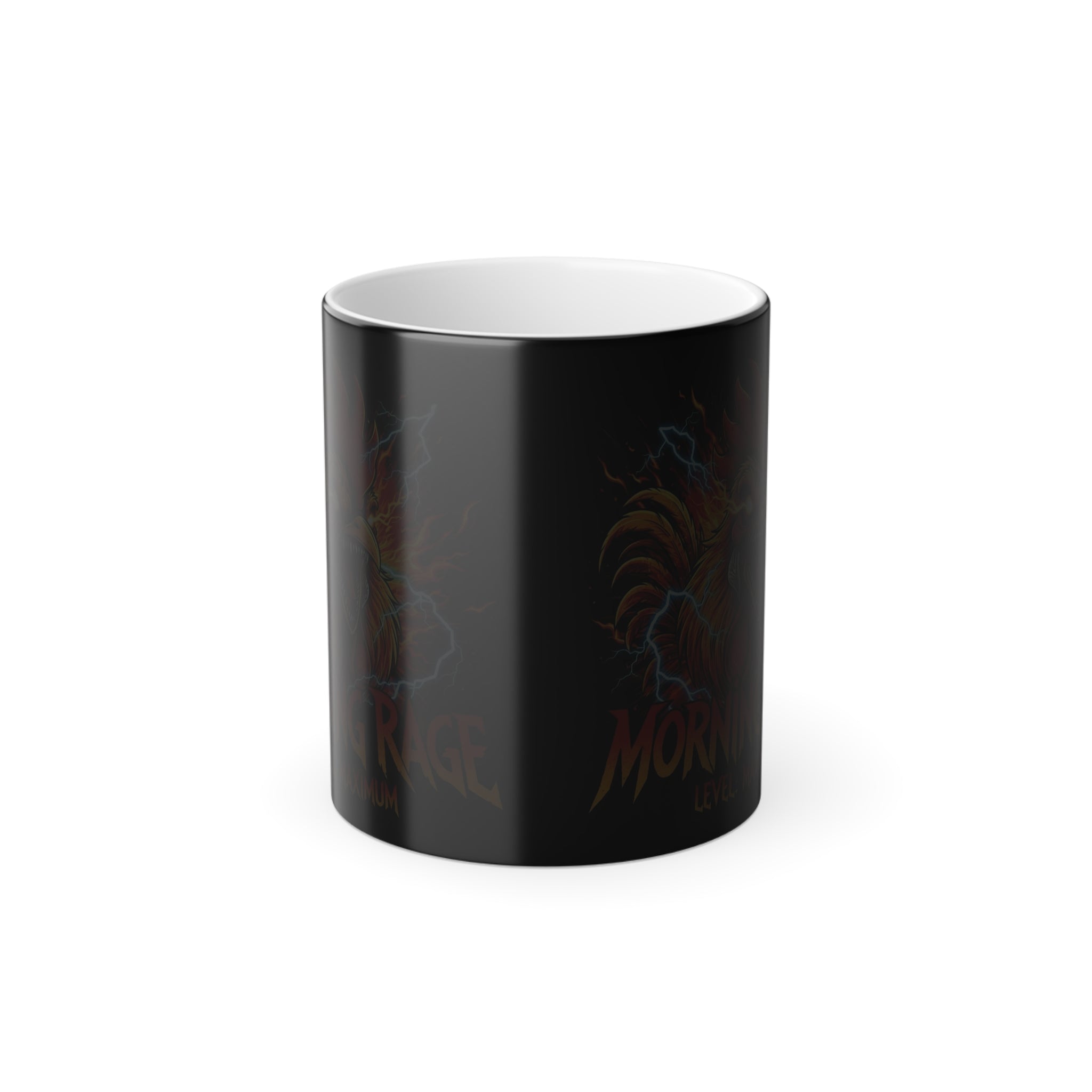 Black mug with colorful text design on a white background