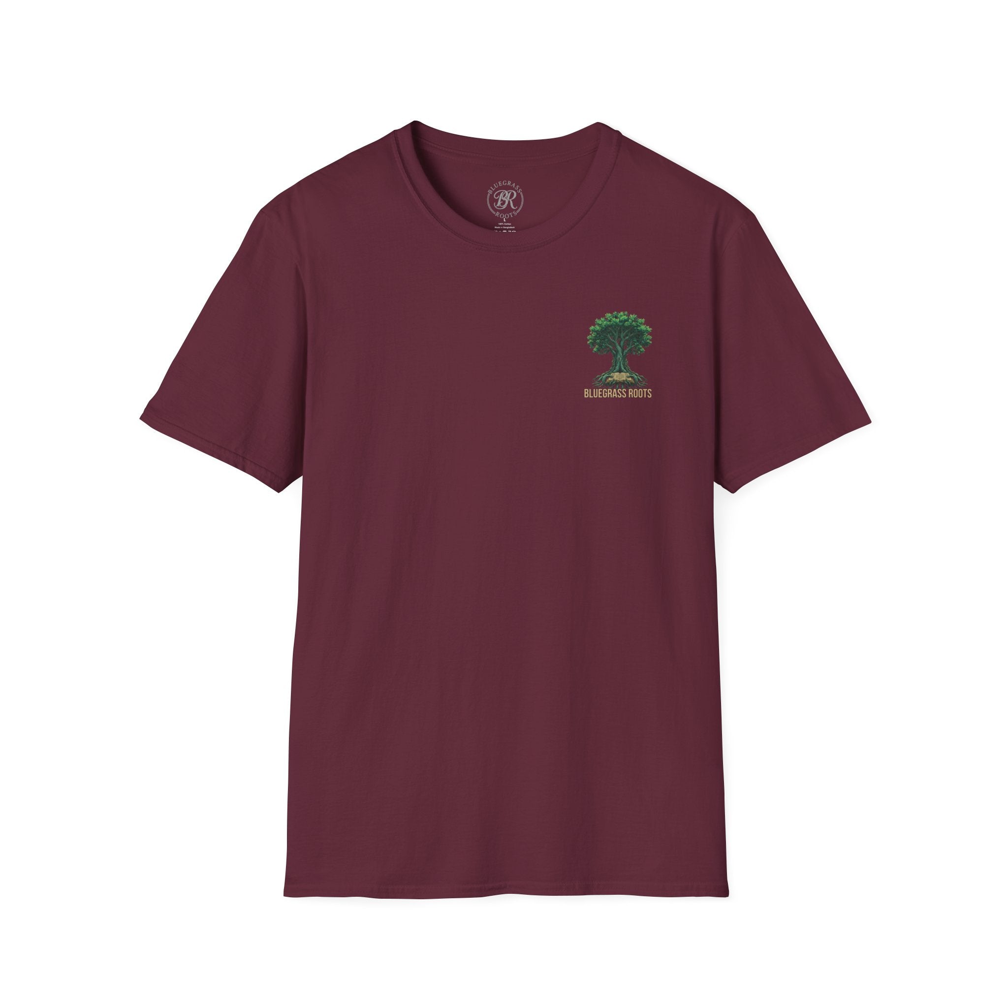 Maroon t-shirt with a logo on the chest against a white background