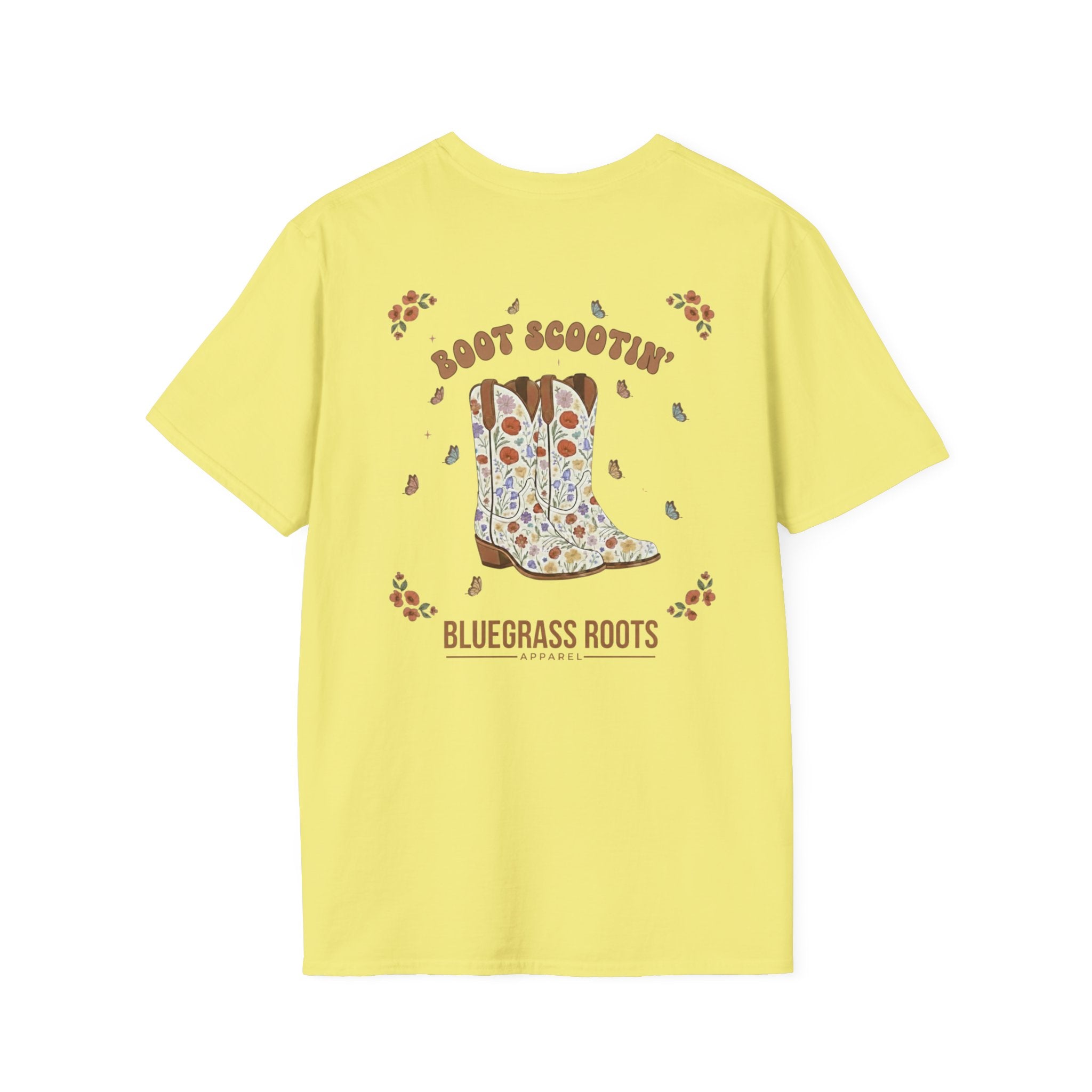 Yellow t-shirt with a graphic of cowboy boots and text on a white background