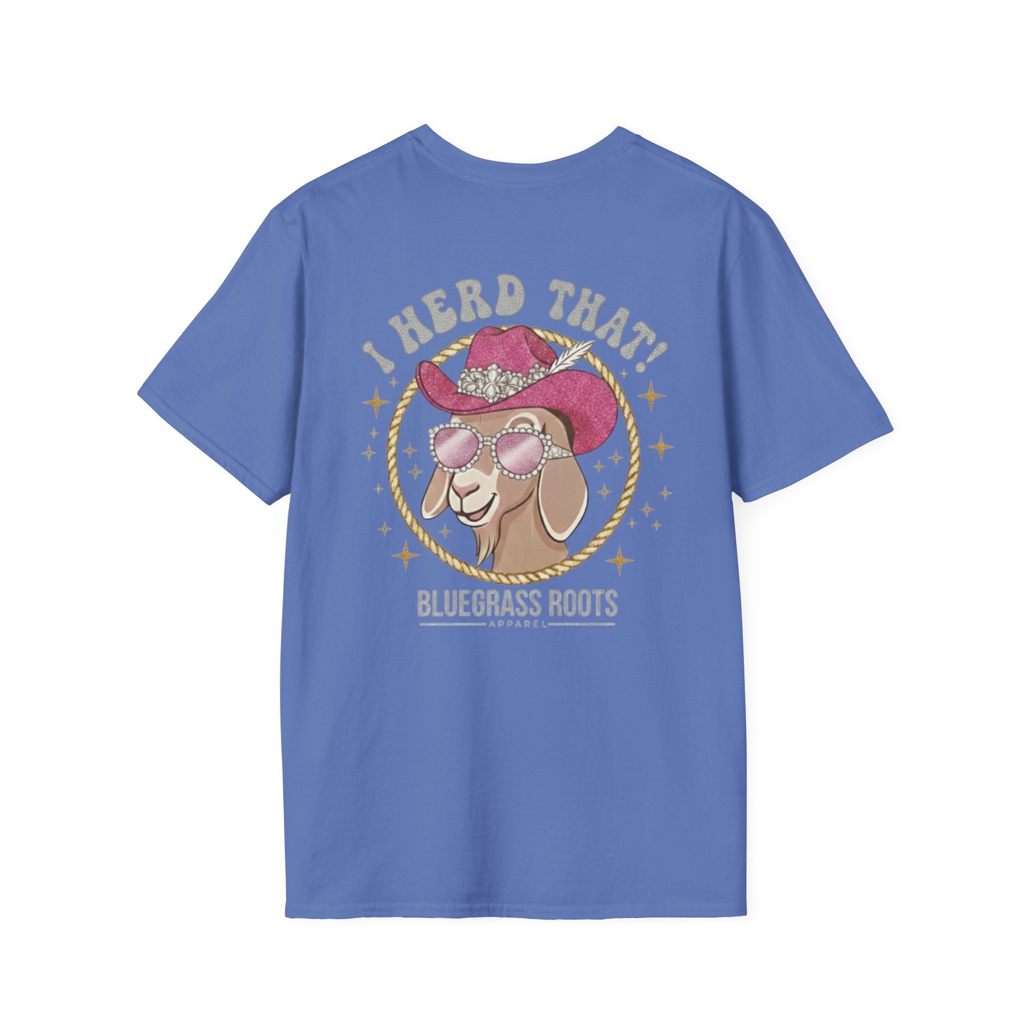 Blue t-shirt with a goat graphic and text on a white background