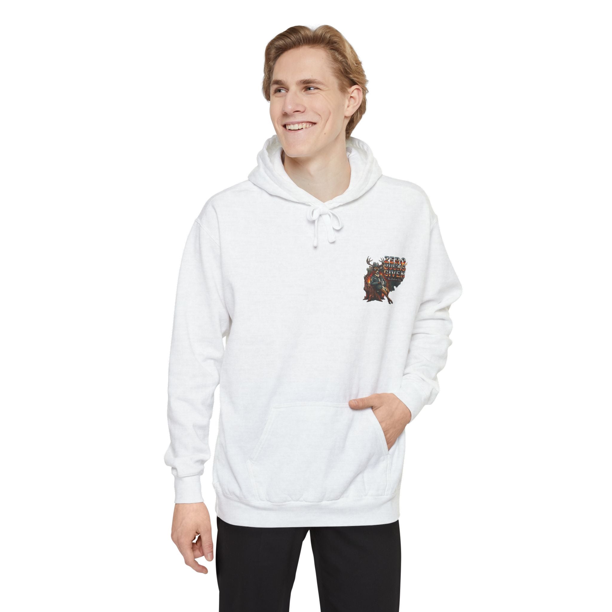 Person wearing a white hoodie with a small design on the chest against a white background
