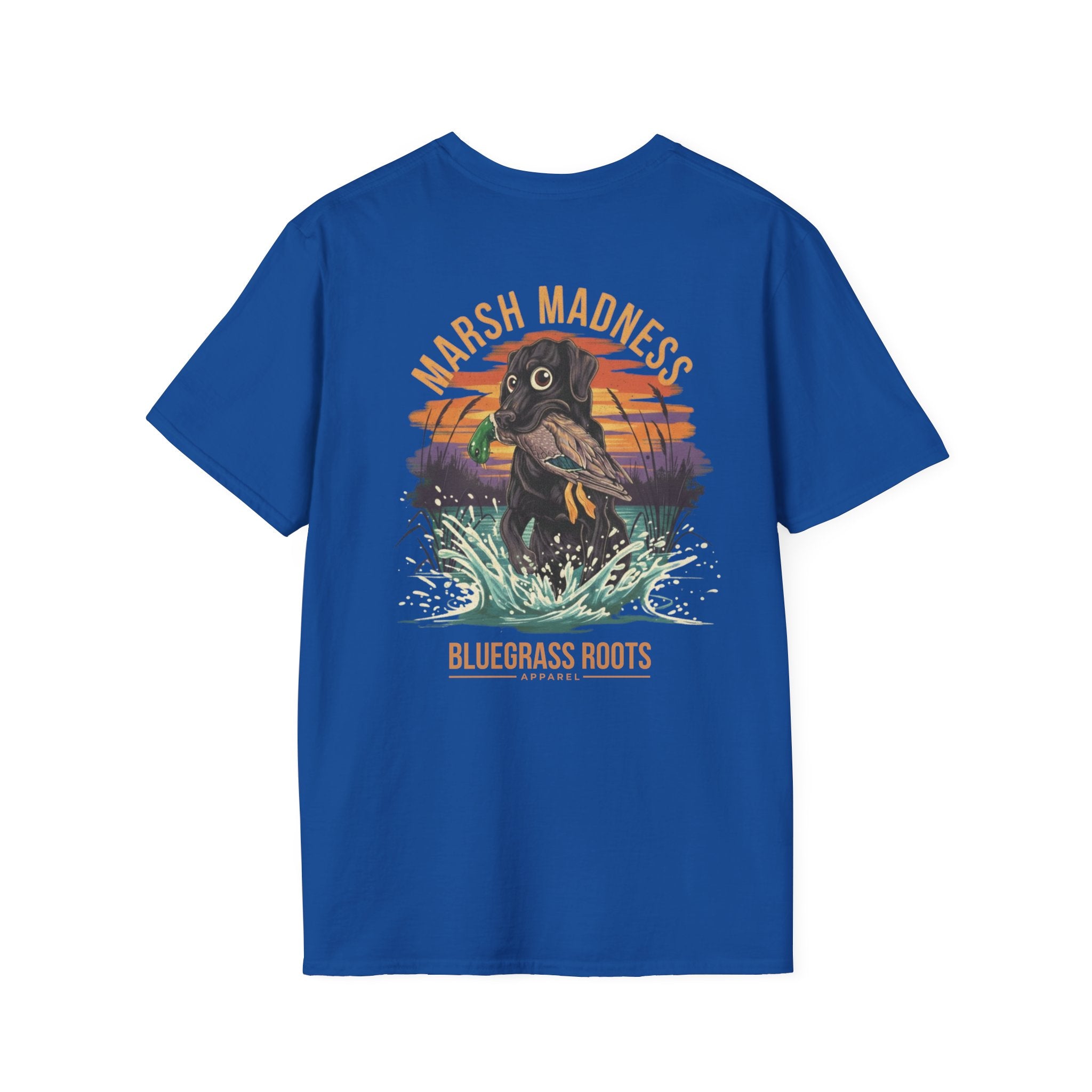 Blue t-shirt with a graphic of a dog in water and text 'Marsh Madness' and 'Bluegrass Roots' on a white background