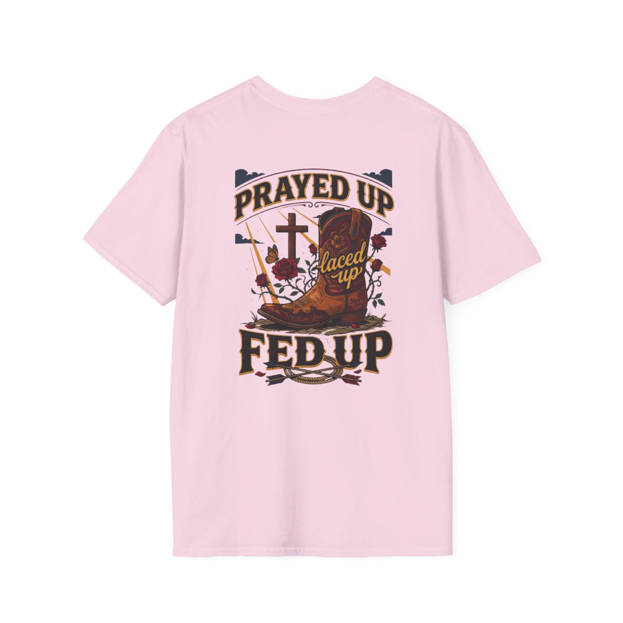 Bluegrass Roots Prayed Up Laced Up Fed Up cowgirl boot tee back graphic in Light Pink