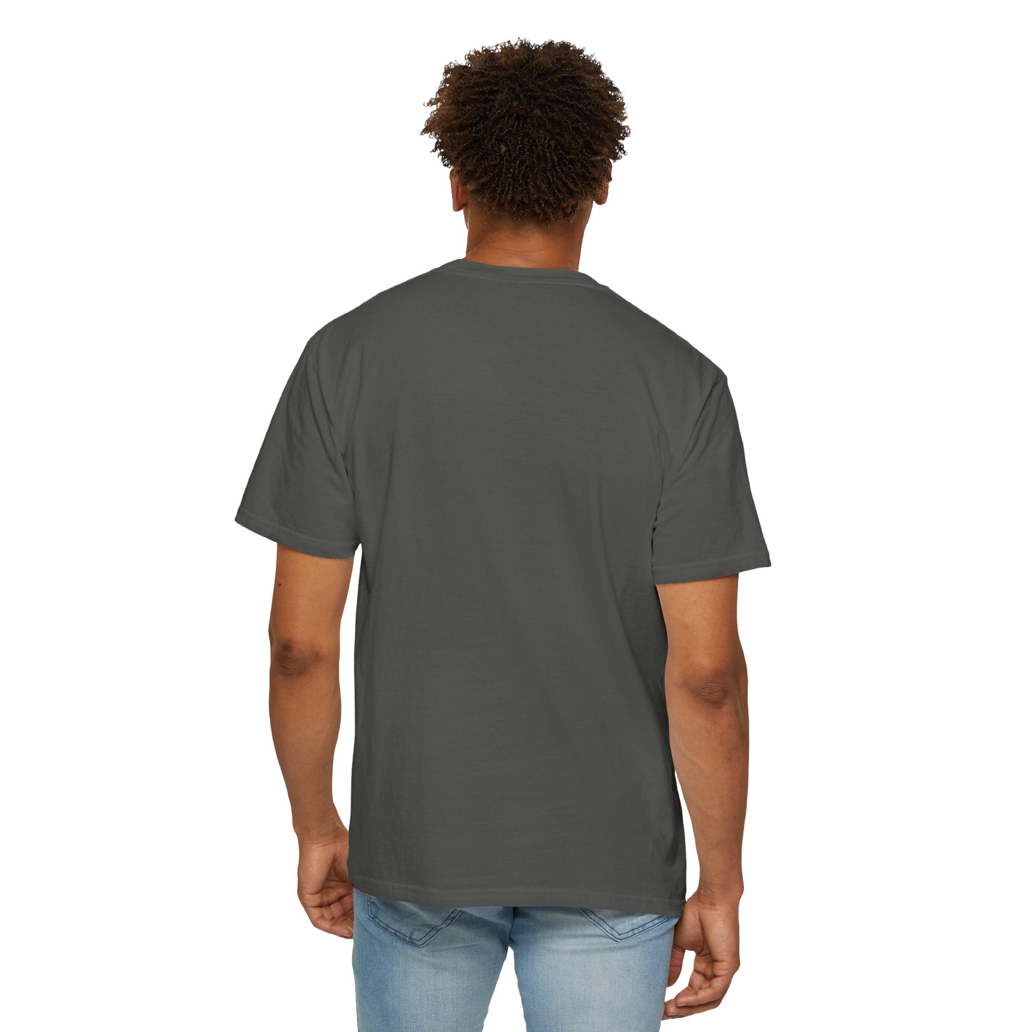 Person wearing a gray t-shirt on a white background