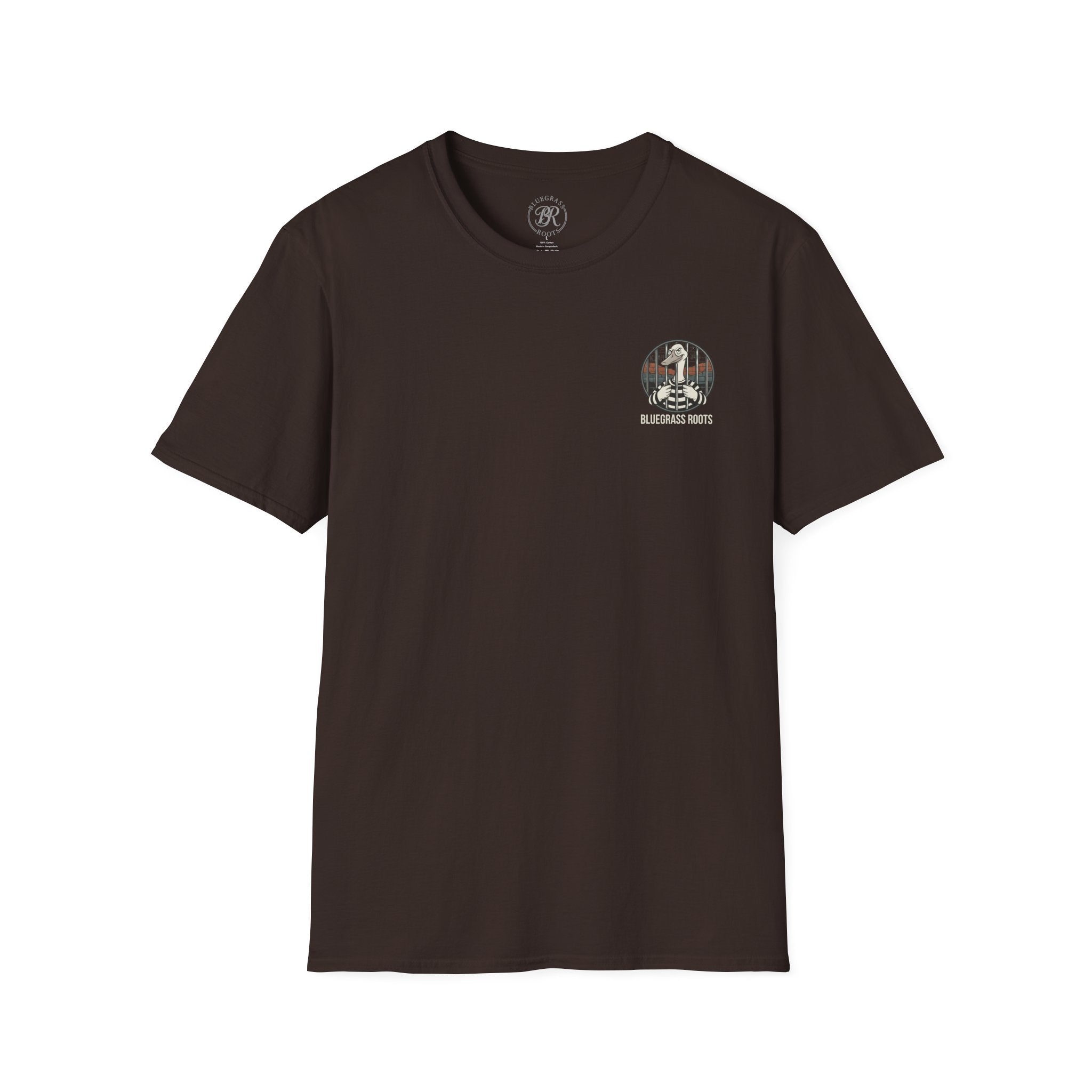 Brown t-shirt with a small graphic on the chest against a white background
