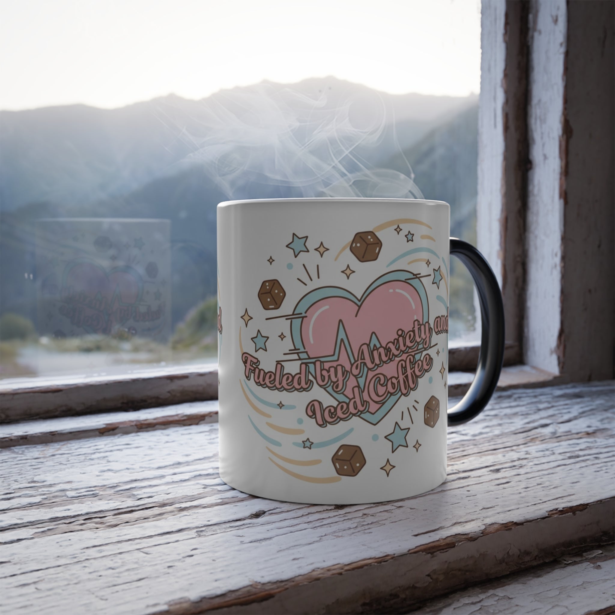 Fueled by Anxiety and Iced Coffee Magic Mug – Funny Pastel Heat-Reveal Cup