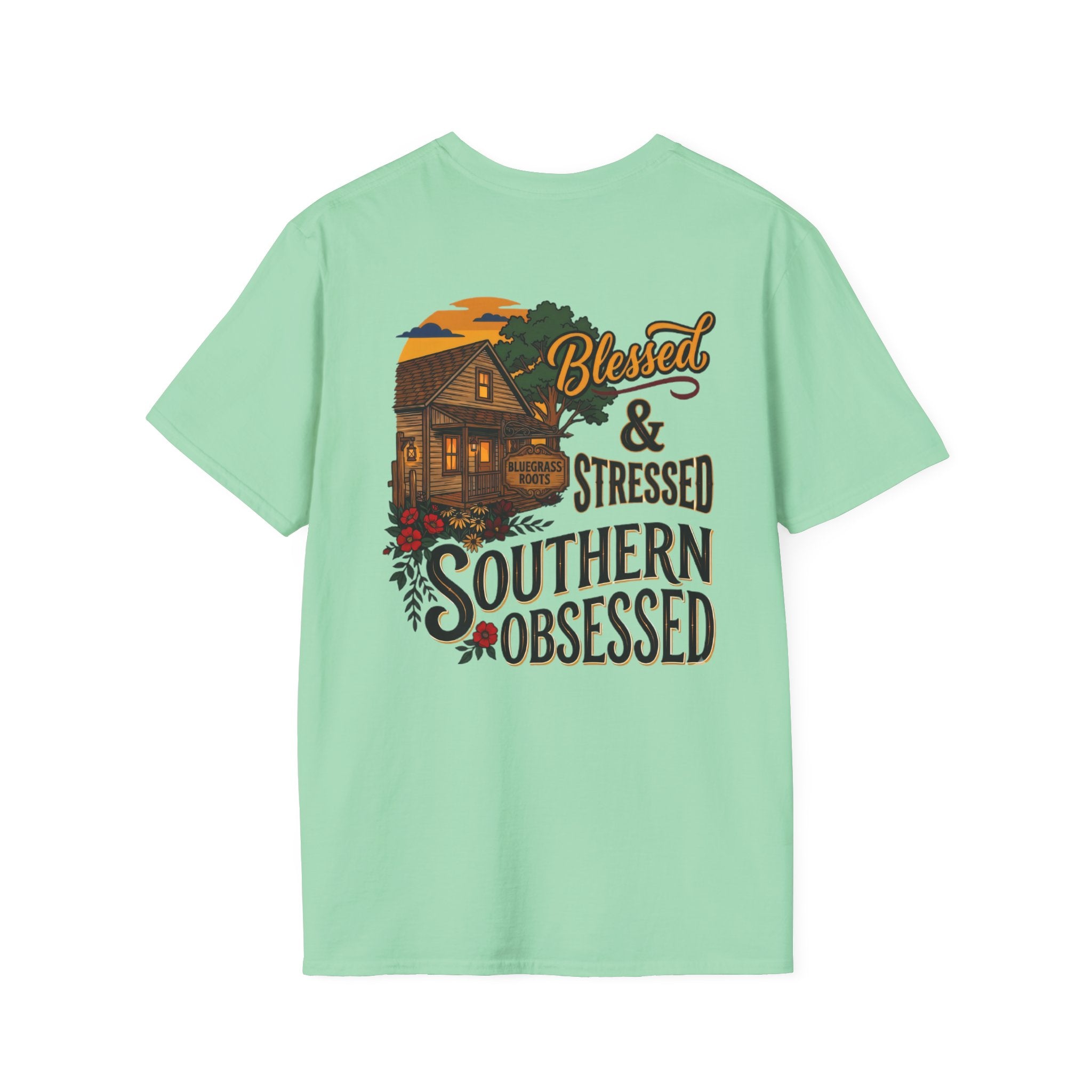 Bluegrass Roots Blessed Stressed Southern Obsessed farmhouse tee back graphic in Mint Green