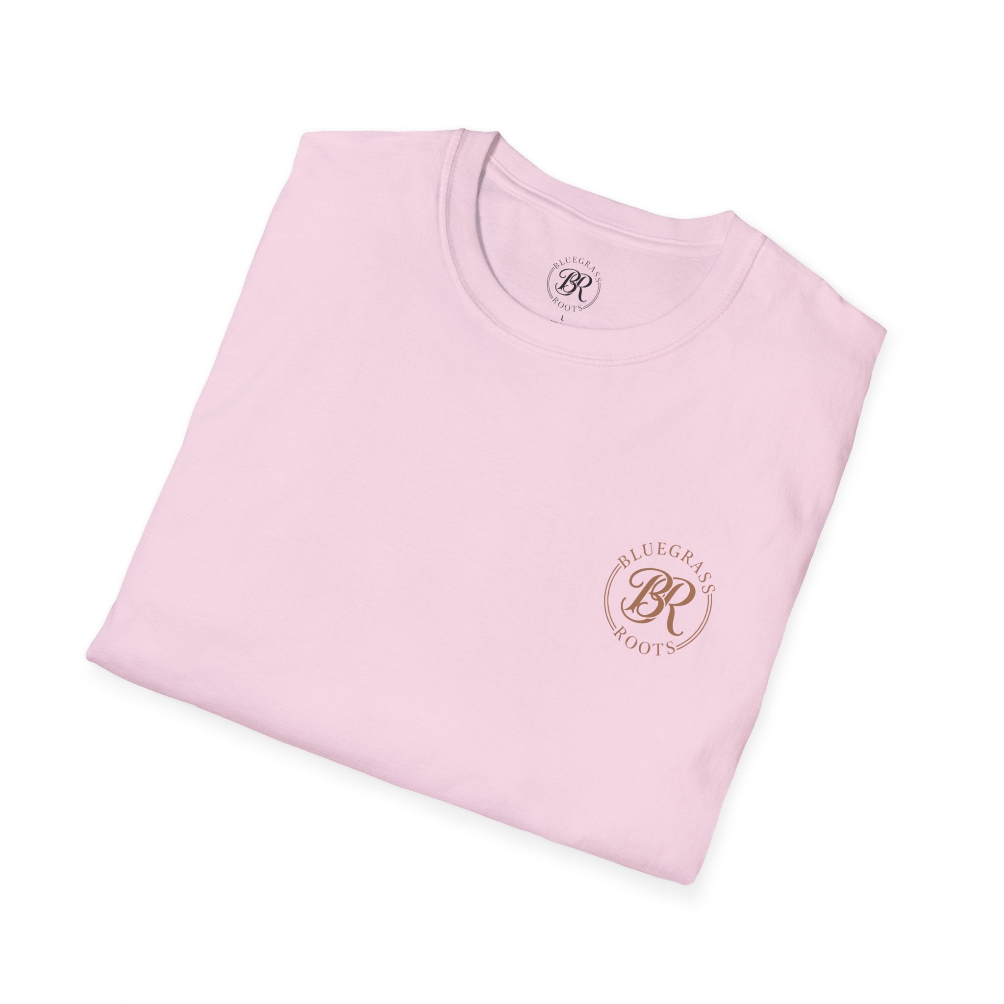 Folded pink t-shirt with a logo on a white background