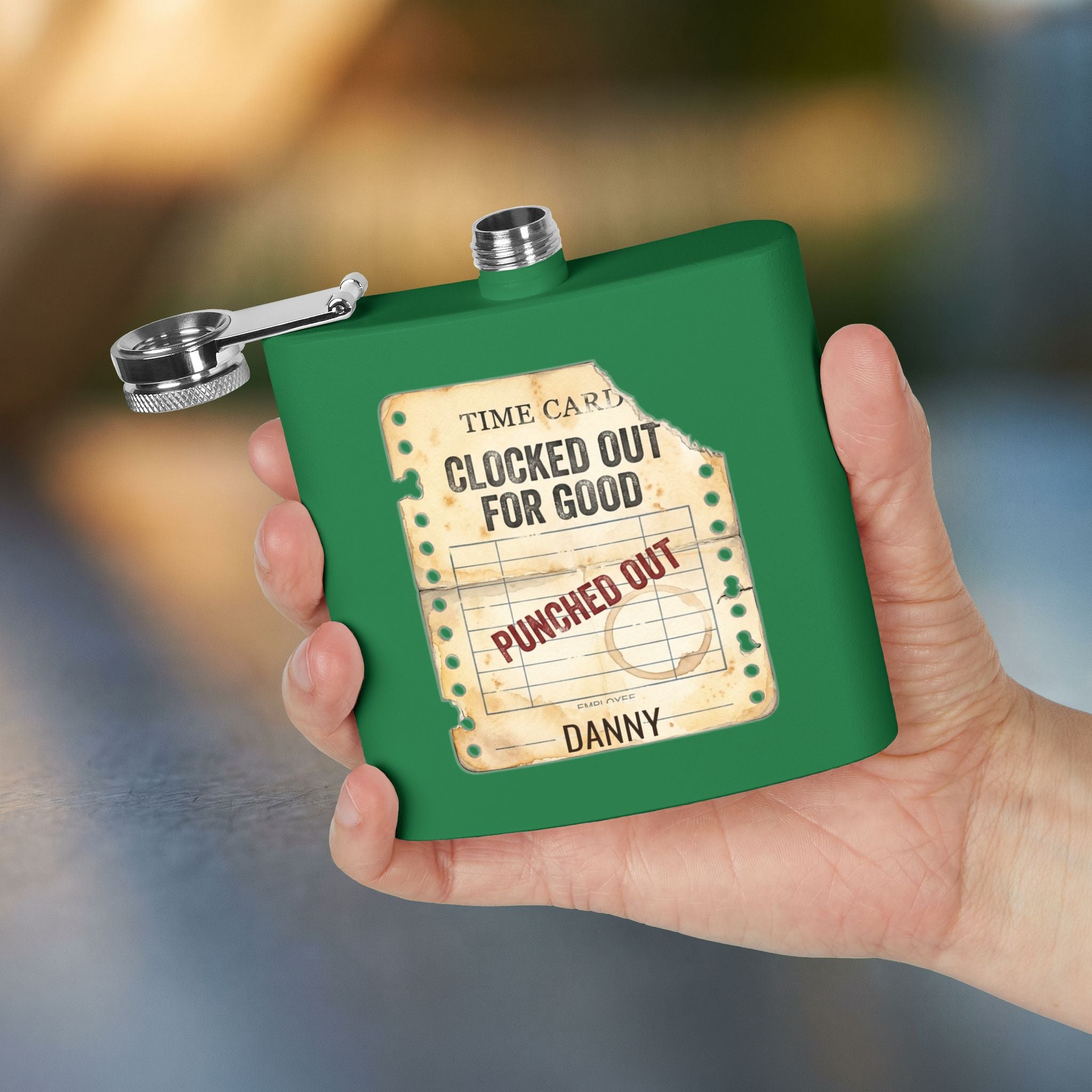 Clocked Out For Good personalized retirement gift flask in Royal — cap detail