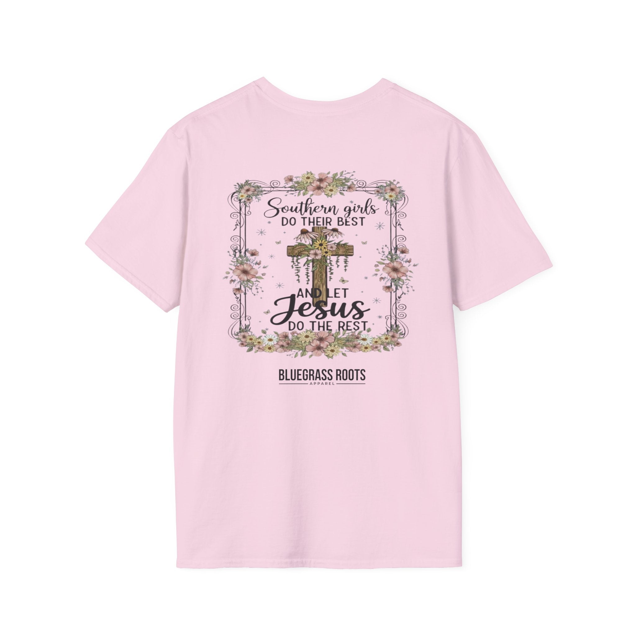 Pink t-shirt with a graphic and text on a white background