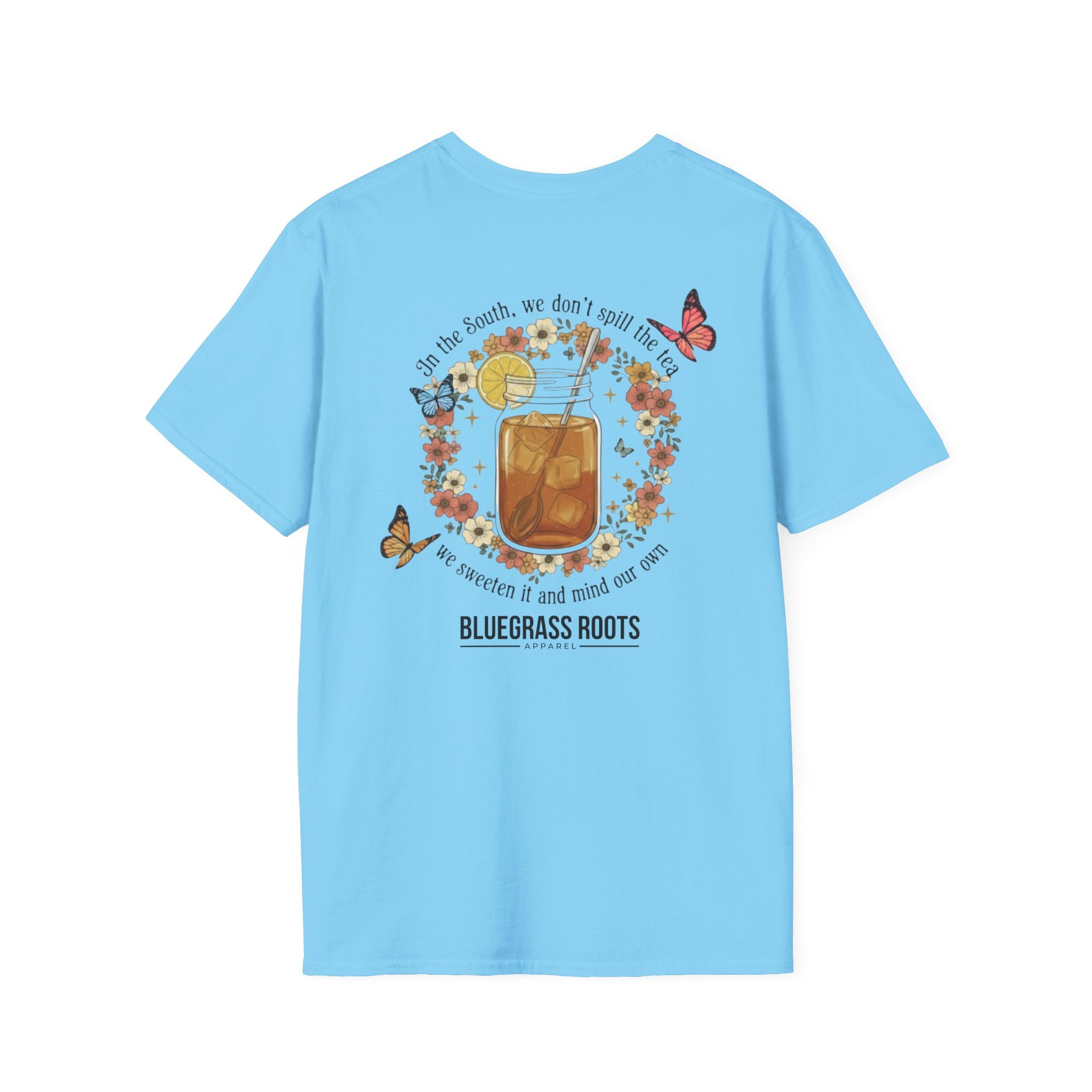 Light blue t-shirt with a colorful graphic and 'Bluegrass Roots' text on a white background