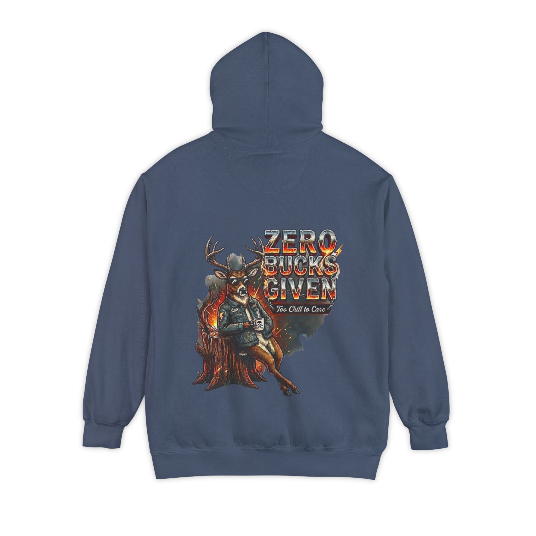 Blue hoodie with 'Zero Bucks Given' graphic on the back against a white background