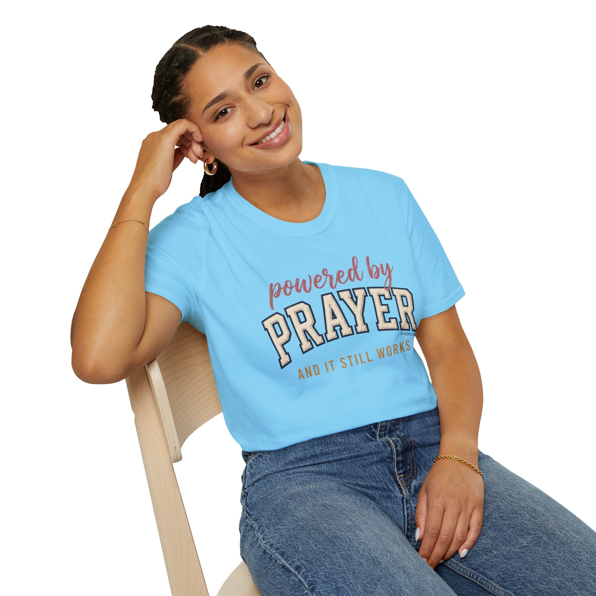 Powered by Prayer varsity shirt