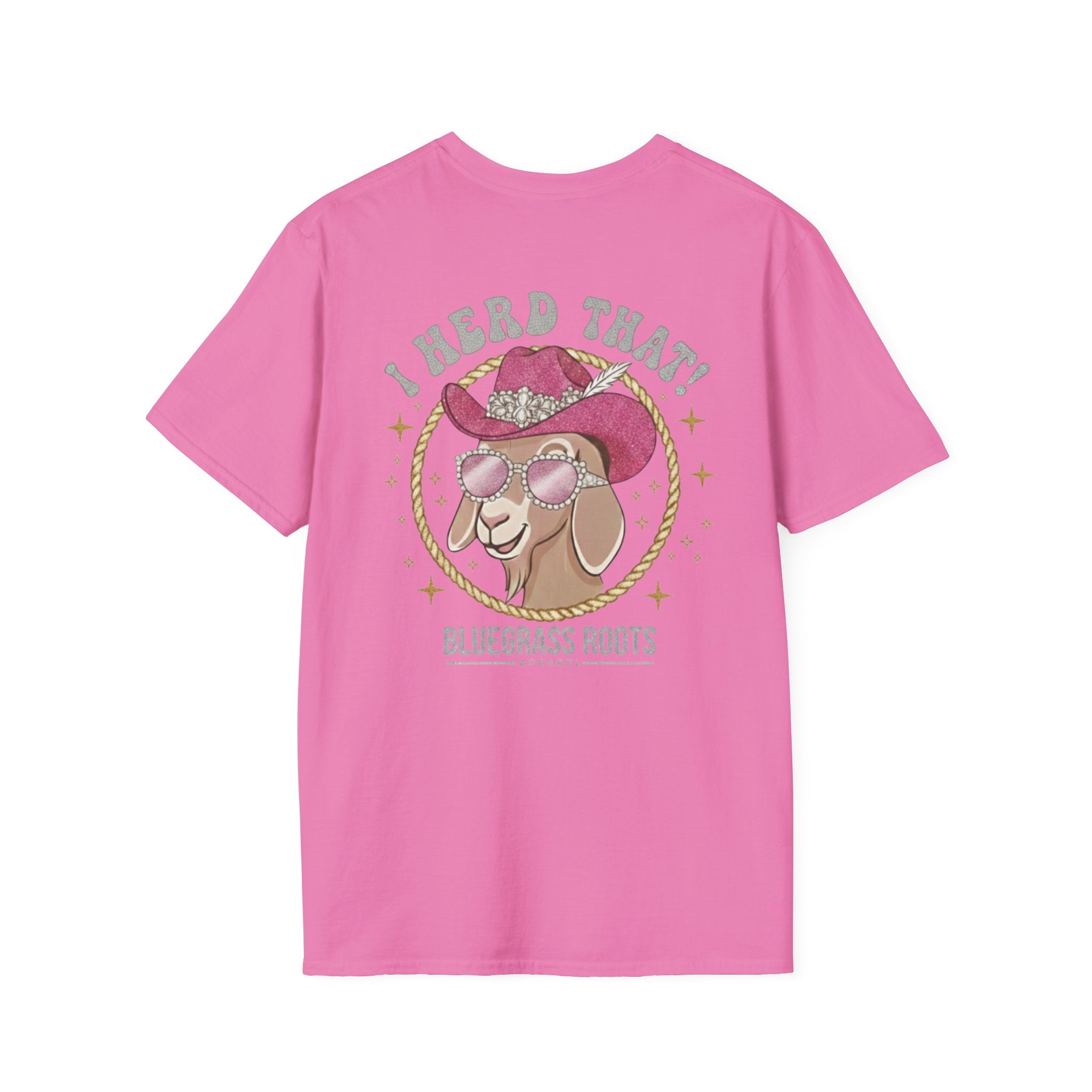Pink t-shirt with a goat graphic and text on a white background