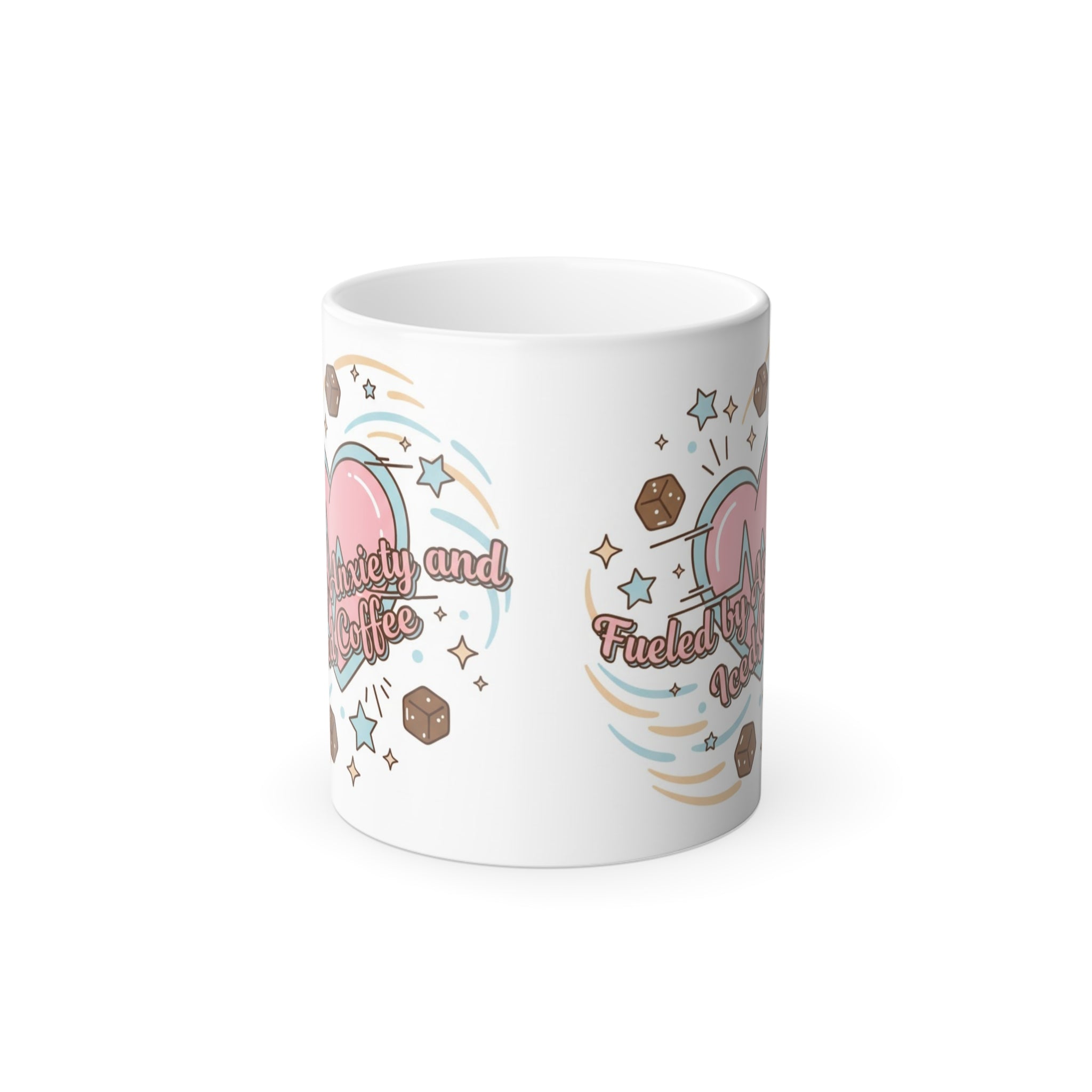 Fueled by Anxiety and Iced Coffee Magic Mug – Funny Pastel Heat-Reveal Cup