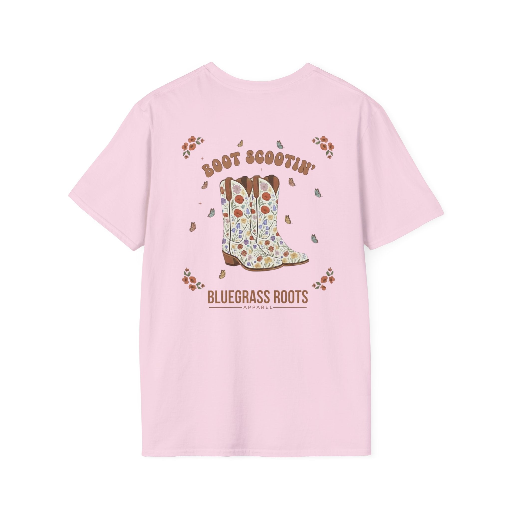 Pink t-shirt with a cowboy boot graphic and text on a white background